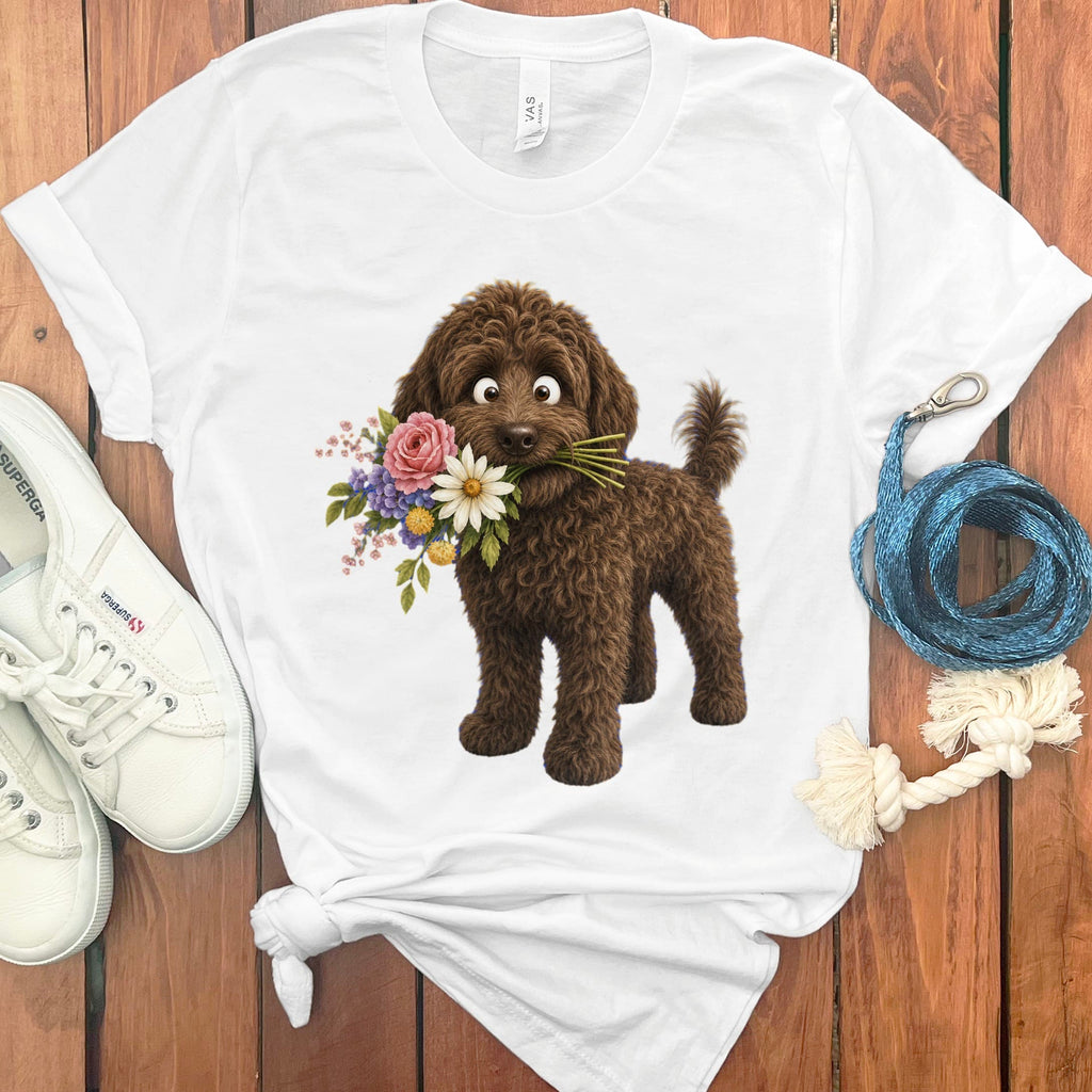 Chocolate Goldendoodle Flower Shop T-Shirt in White / S by Puppy Jo