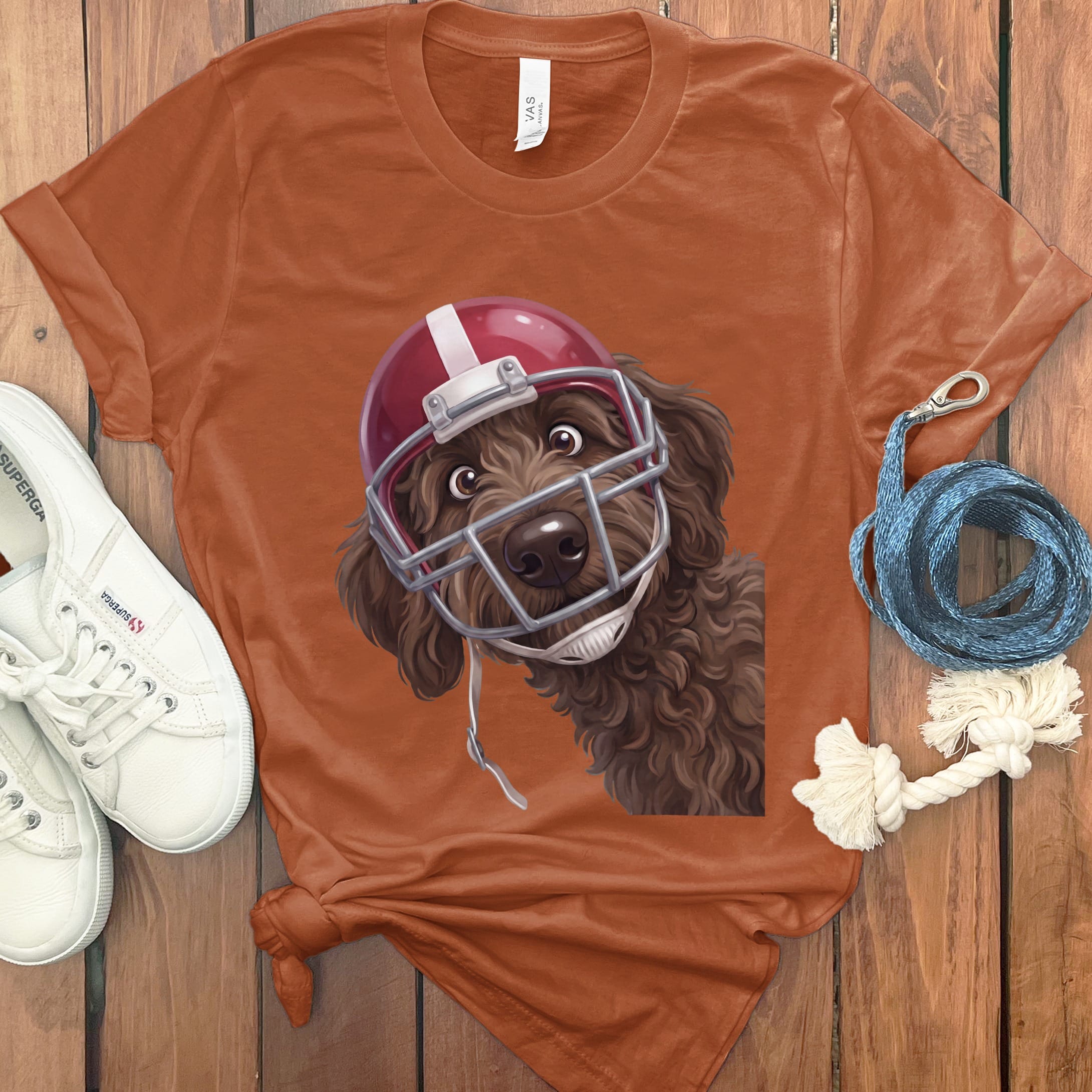 Chocolate Goldendoodle Football Helmet T-Shirt in Autumn / S by Puppy Jo