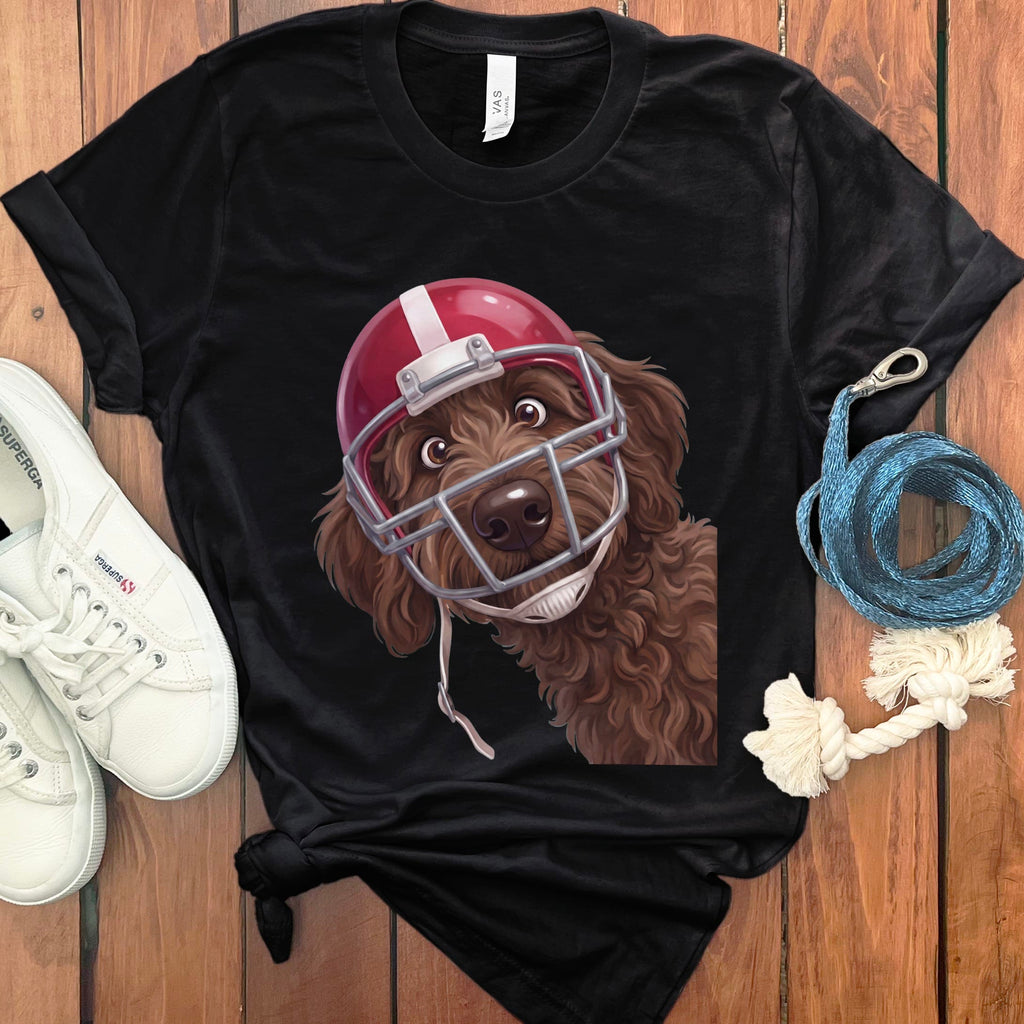 Chocolate Goldendoodle Football Helmet T-Shirt in Black / S by Puppy Jo