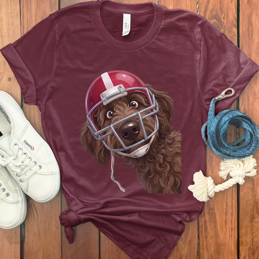 Chocolate Goldendoodle Football Helmet T-Shirt in Maroon / S by Puppy Jo