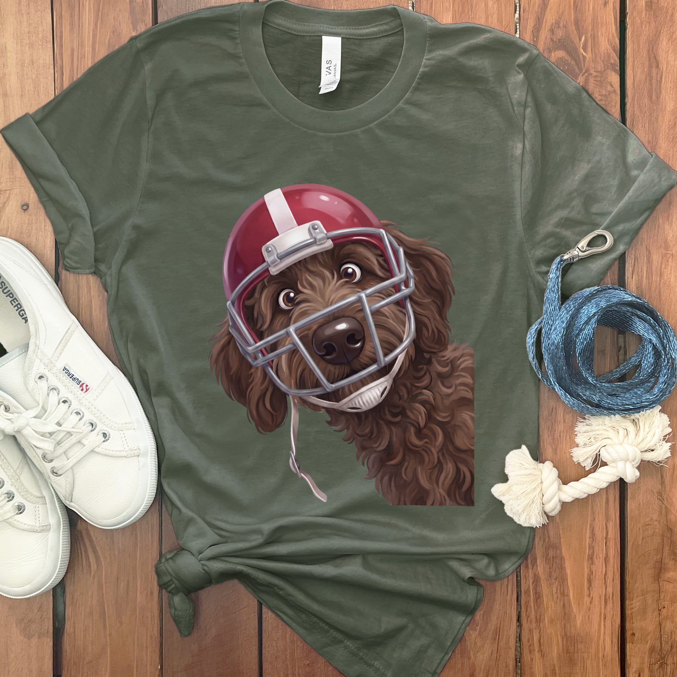 Chocolate Goldendoodle Football Helmet T-Shirt in Military Green / S by Puppy Jo