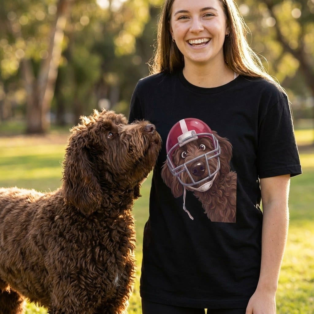 Chocolate Goldendoodle Football Helmet T-Shirt in by Puppy Jo