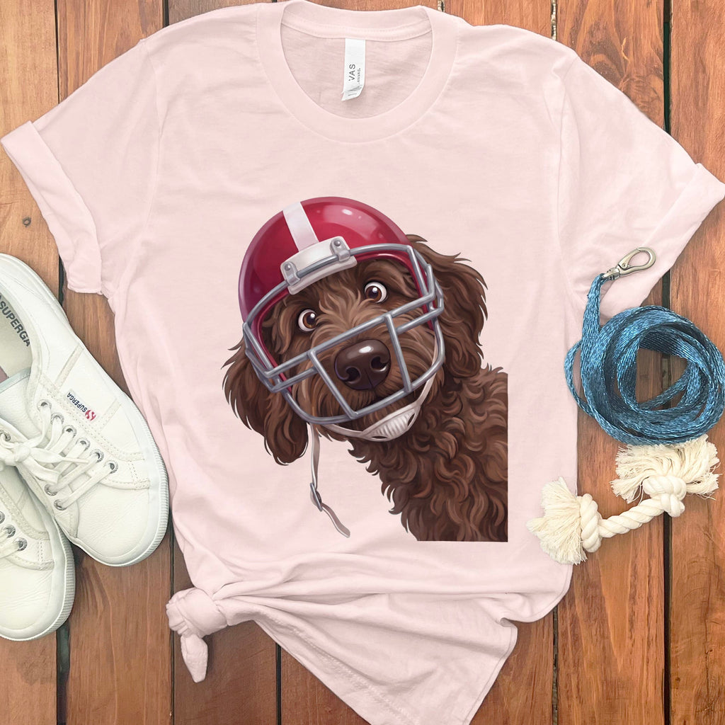 Chocolate Goldendoodle Football Helmet T-Shirt in Soft Pink / S by Puppy Jo
