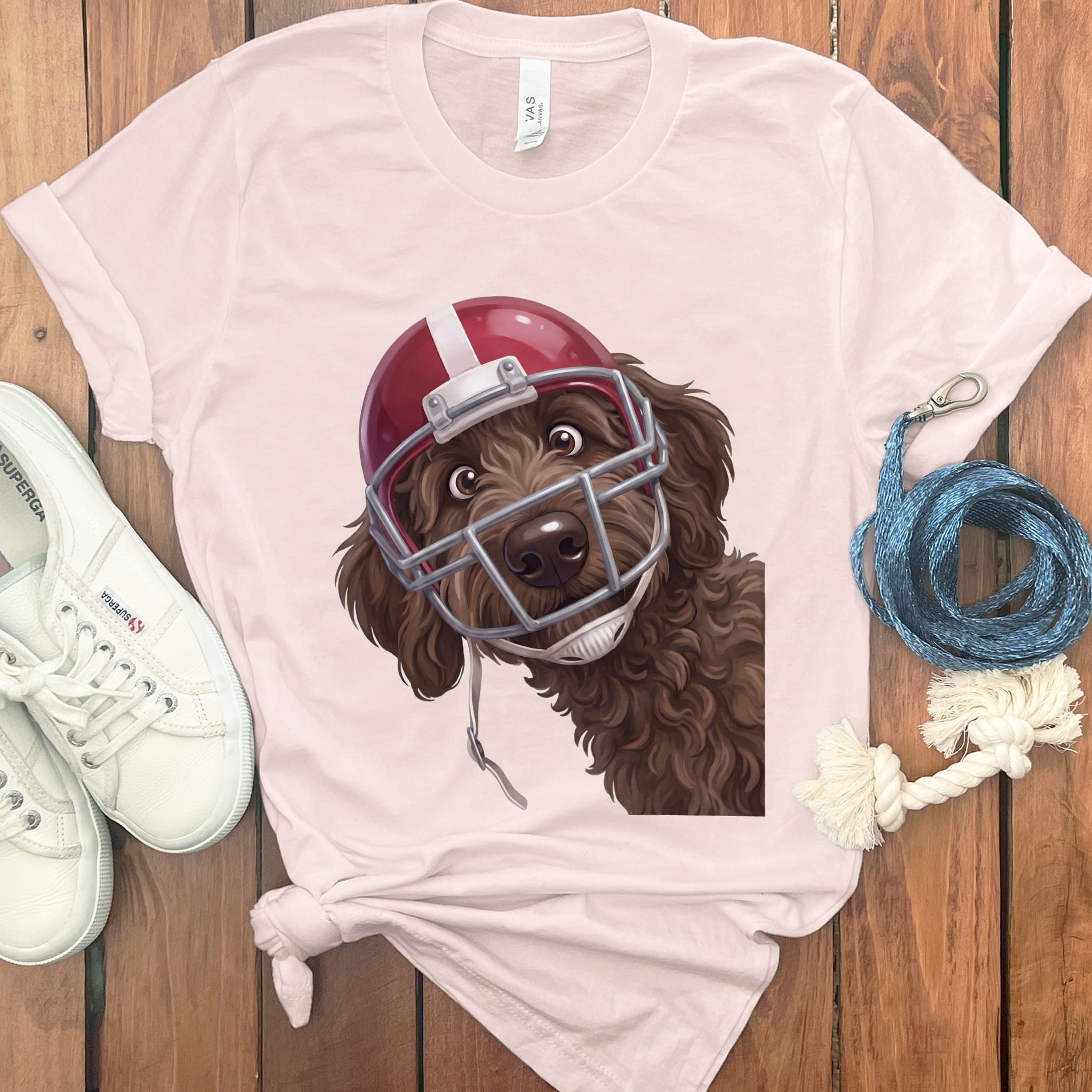 Chocolate Goldendoodle Football Helmet T-Shirt in Soft Pink / S by Puppy Jo