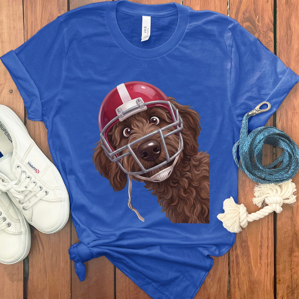 Chocolate Goldendoodle Football Helmet T-Shirt in True Royal / S by Puppy Jo