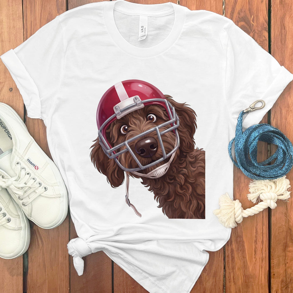 Chocolate Goldendoodle Football Helmet T-Shirt in White / S by Puppy Jo