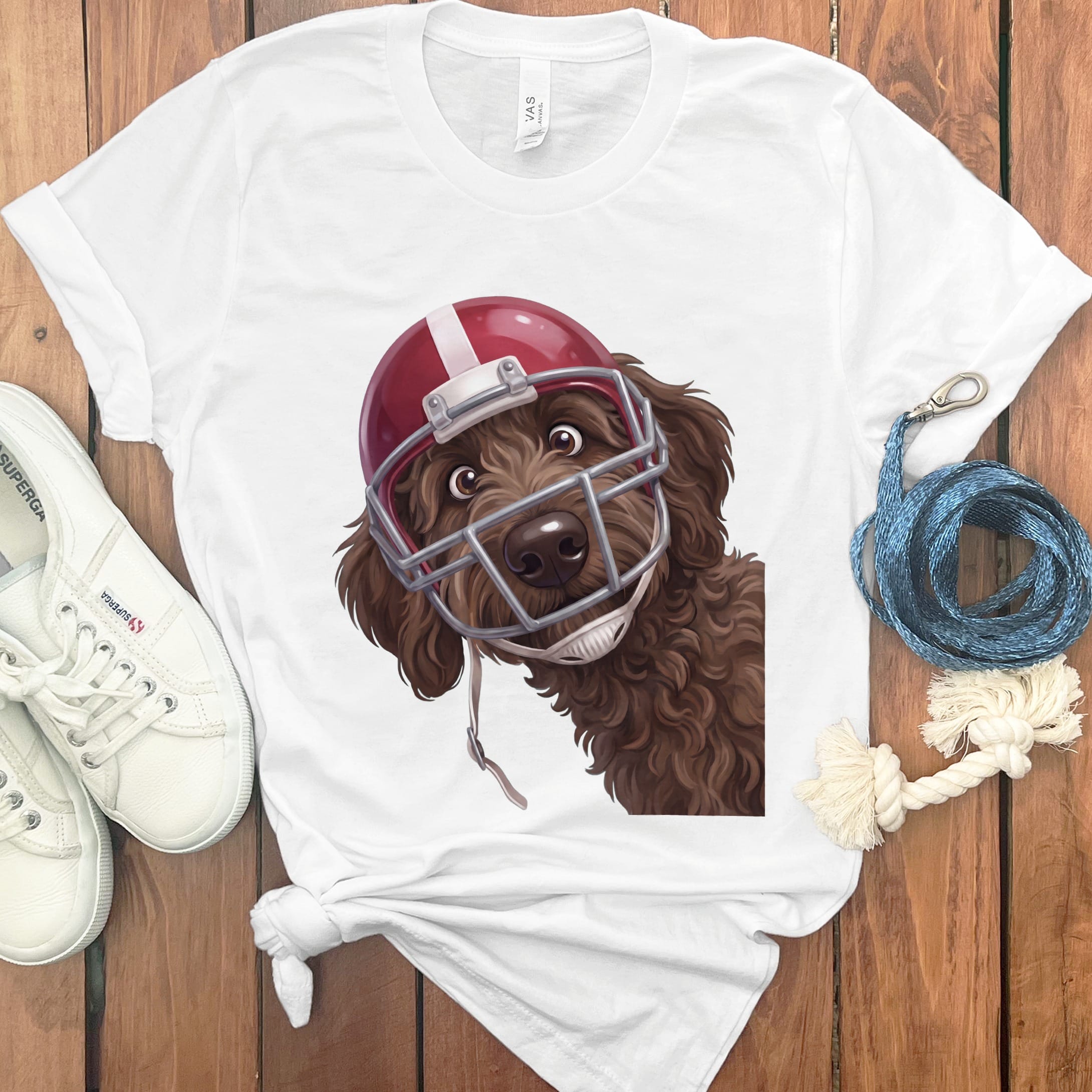 Chocolate Goldendoodle Football Helmet T-Shirt in White / S by Puppy Jo
