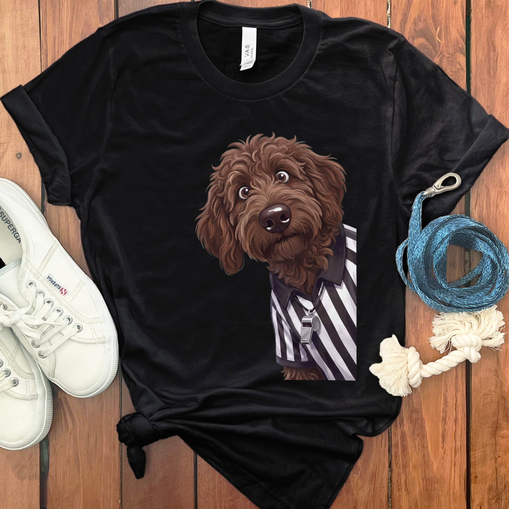 Chocolate Goldendoodle Football Referee T-Shirt in Black / S by Puppy Jo