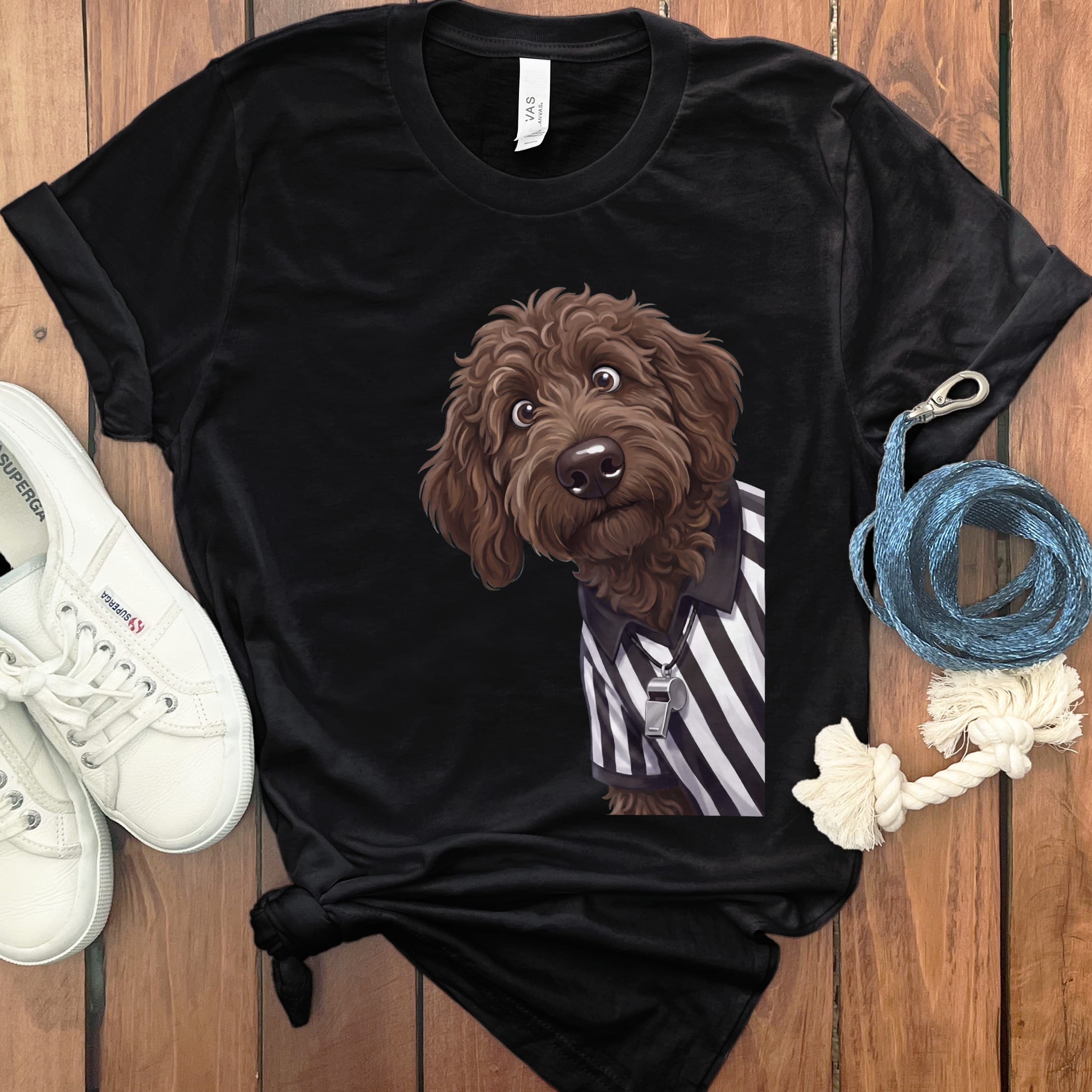 Chocolate Goldendoodle Football Referee T-Shirt in Black / S by Puppy Jo