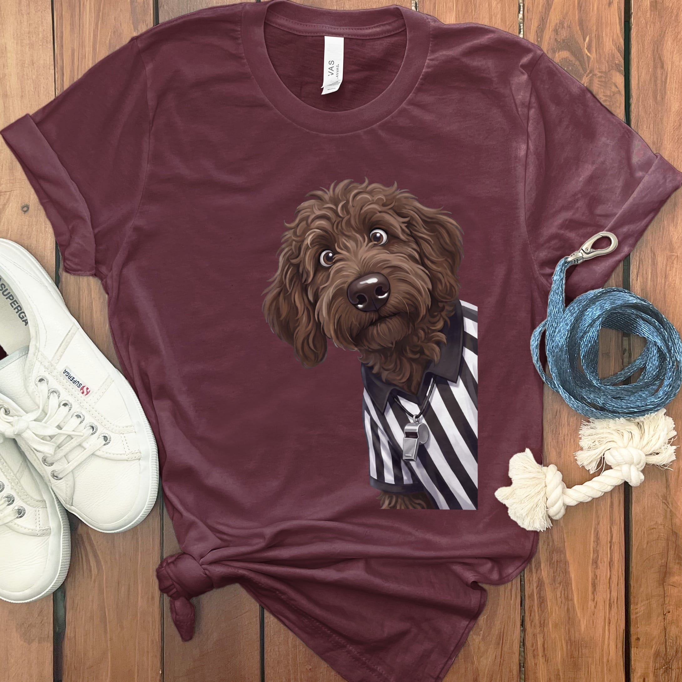 Chocolate Goldendoodle Football Referee T-Shirt in Maroon / S by Puppy Jo