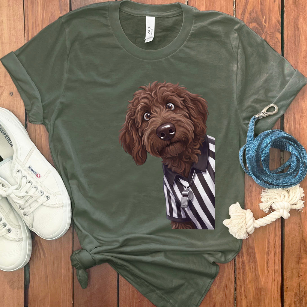 Chocolate Goldendoodle Football Referee T-Shirt in Military Green / S by Puppy Jo