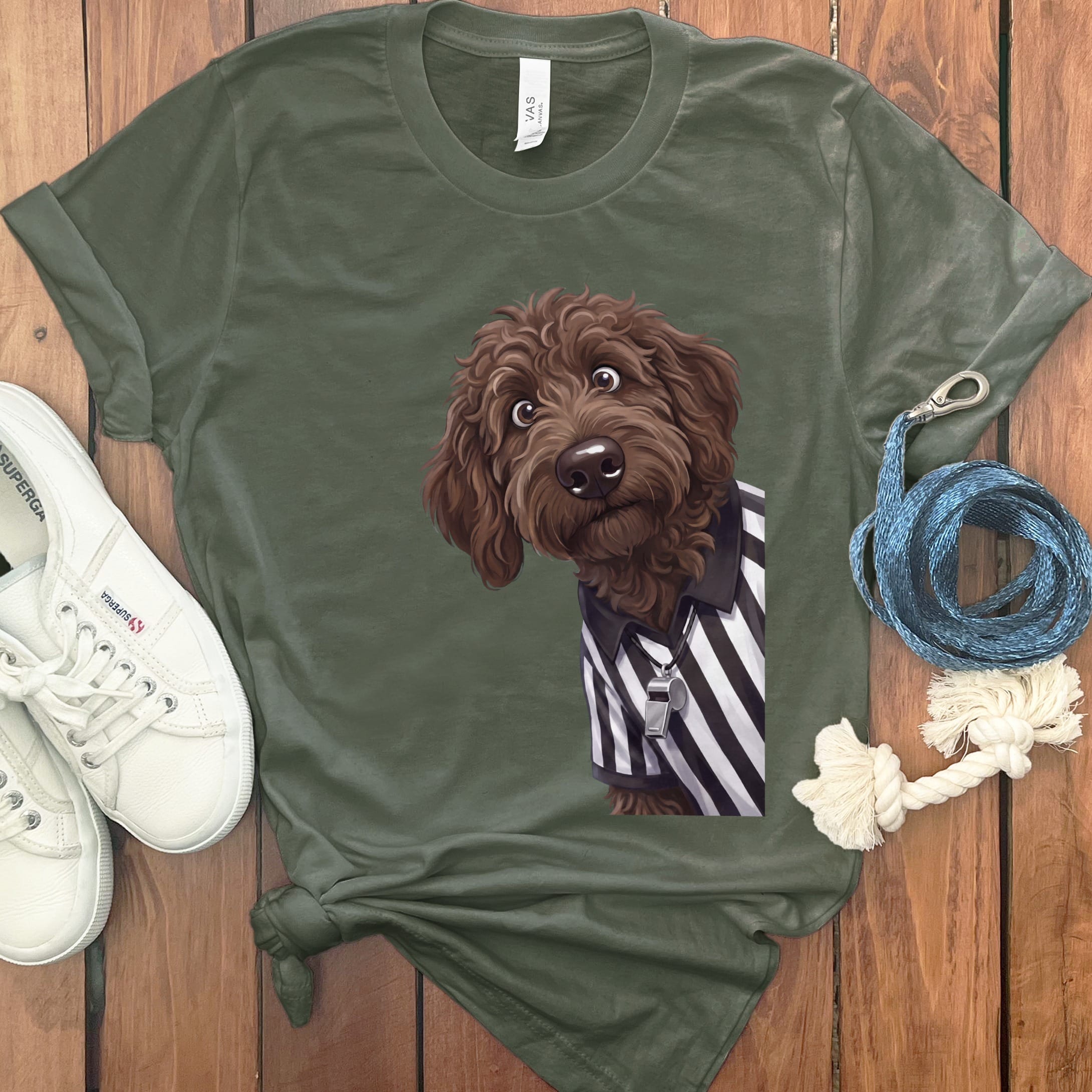 Chocolate Goldendoodle Football Referee T-Shirt in Military Green / S by Puppy Jo
