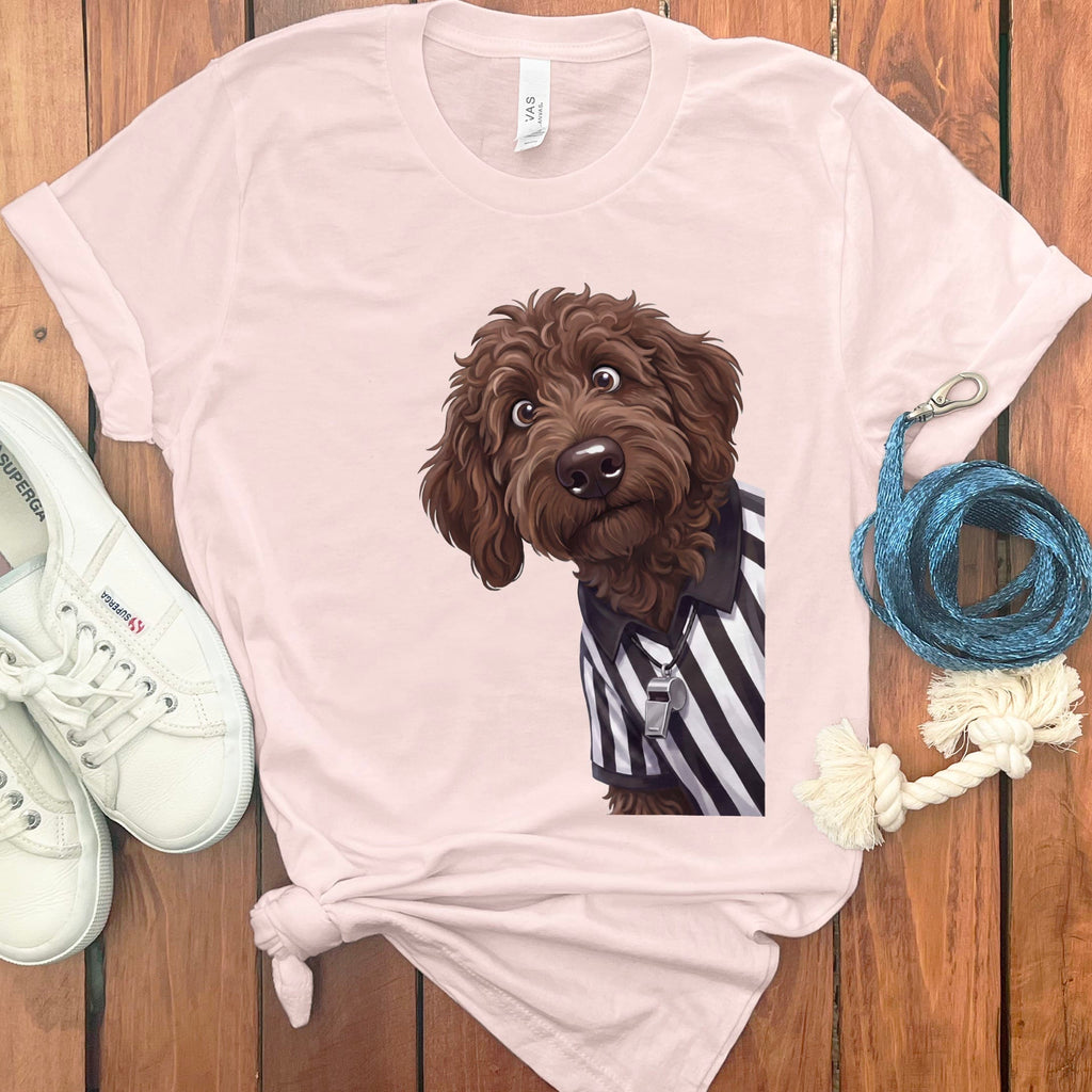 Chocolate Goldendoodle Football Referee T-Shirt in Soft Pink / S by Puppy Jo