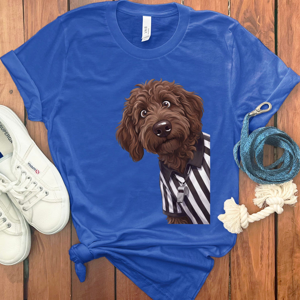 Chocolate Goldendoodle Football Referee T-Shirt in True Royal / S by Puppy Jo