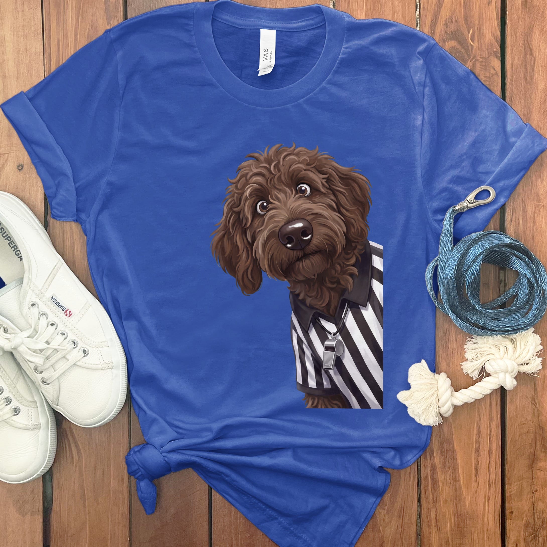 Chocolate Goldendoodle Football Referee T-Shirt in True Royal / S by Puppy Jo