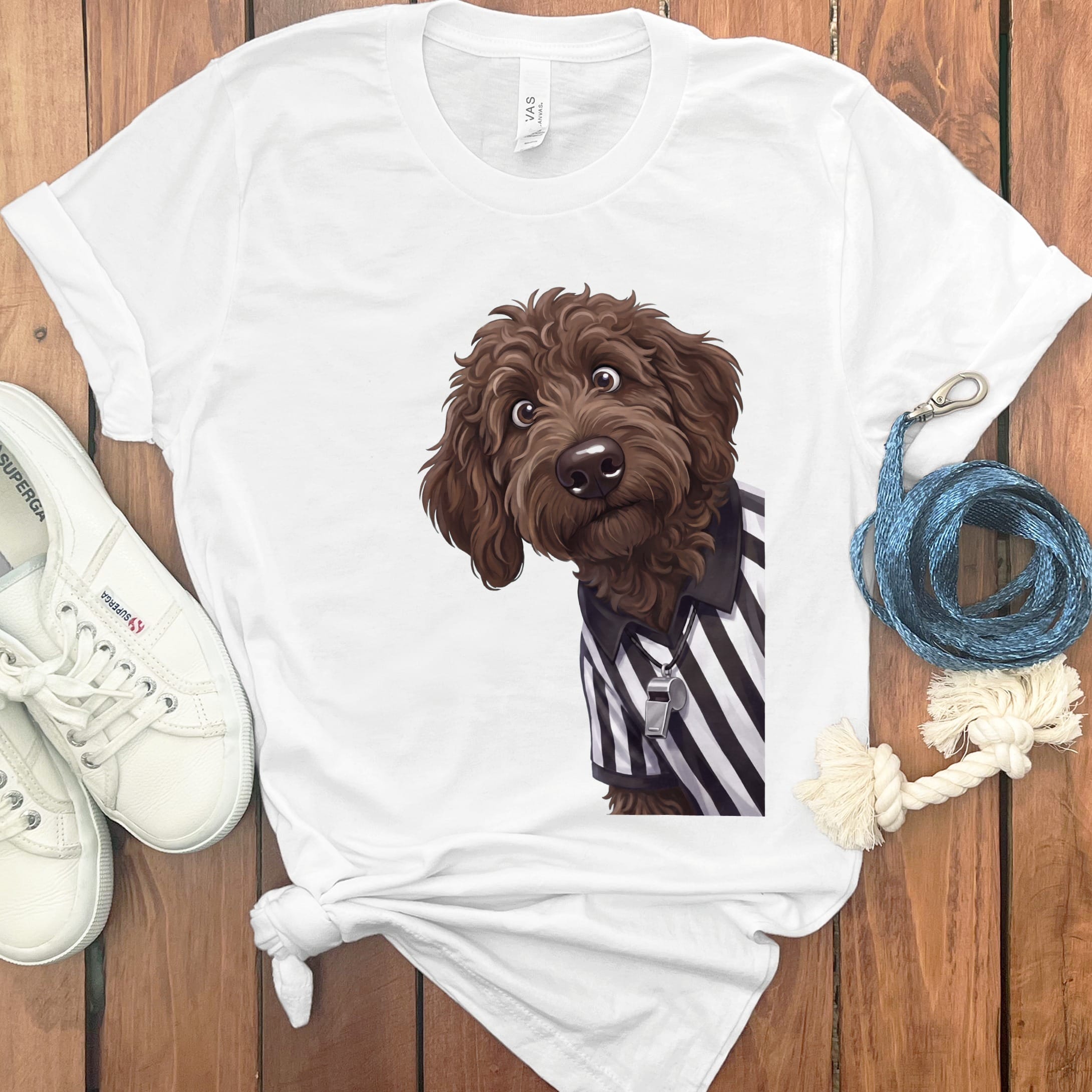 Chocolate Goldendoodle Football Referee T-Shirt in White / S by Puppy Jo