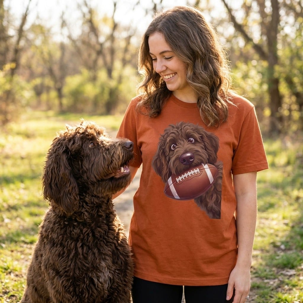 Chocolate Goldendoodle Football T-Shirt in by Puppy Jo
