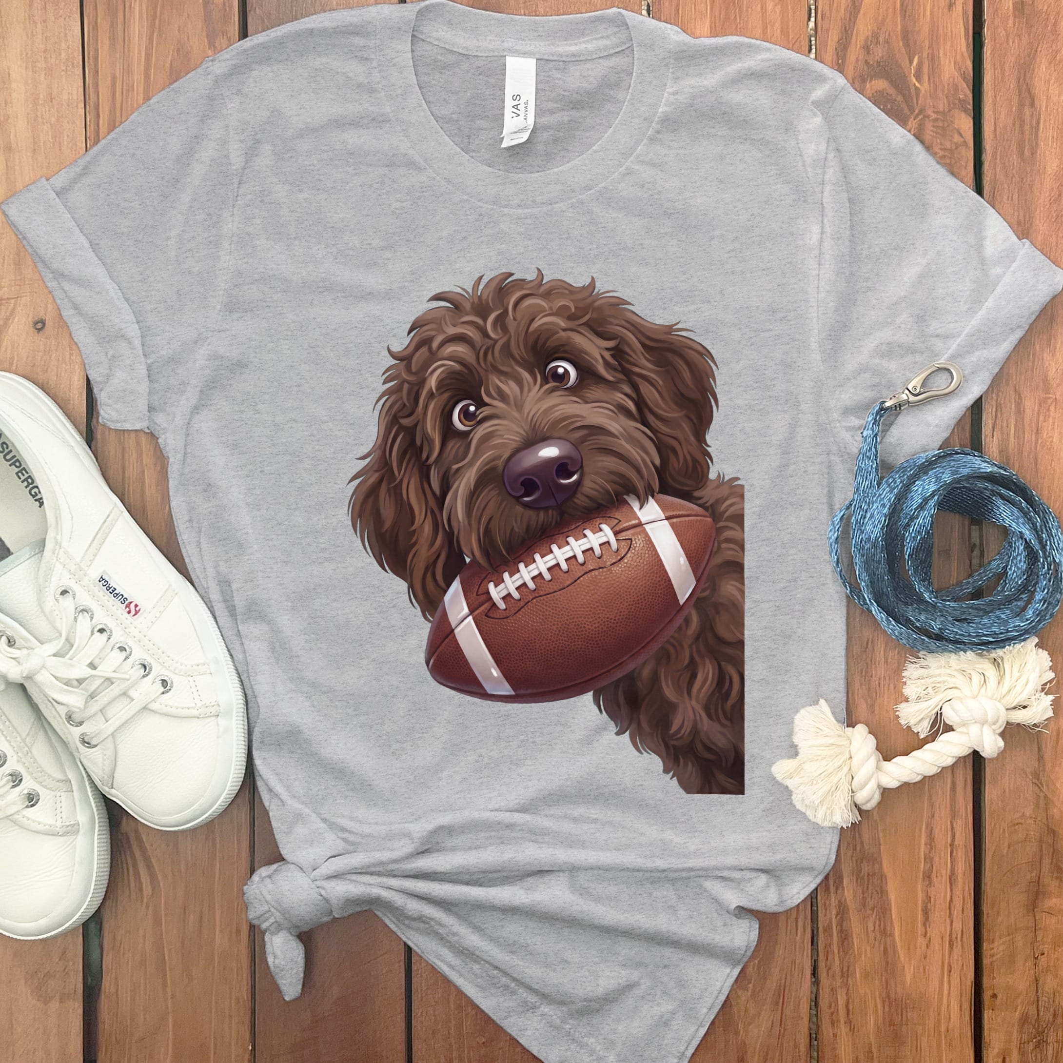 Chocolate Goldendoodle Football T-Shirt in S / Athletic Heather by Puppy Jo