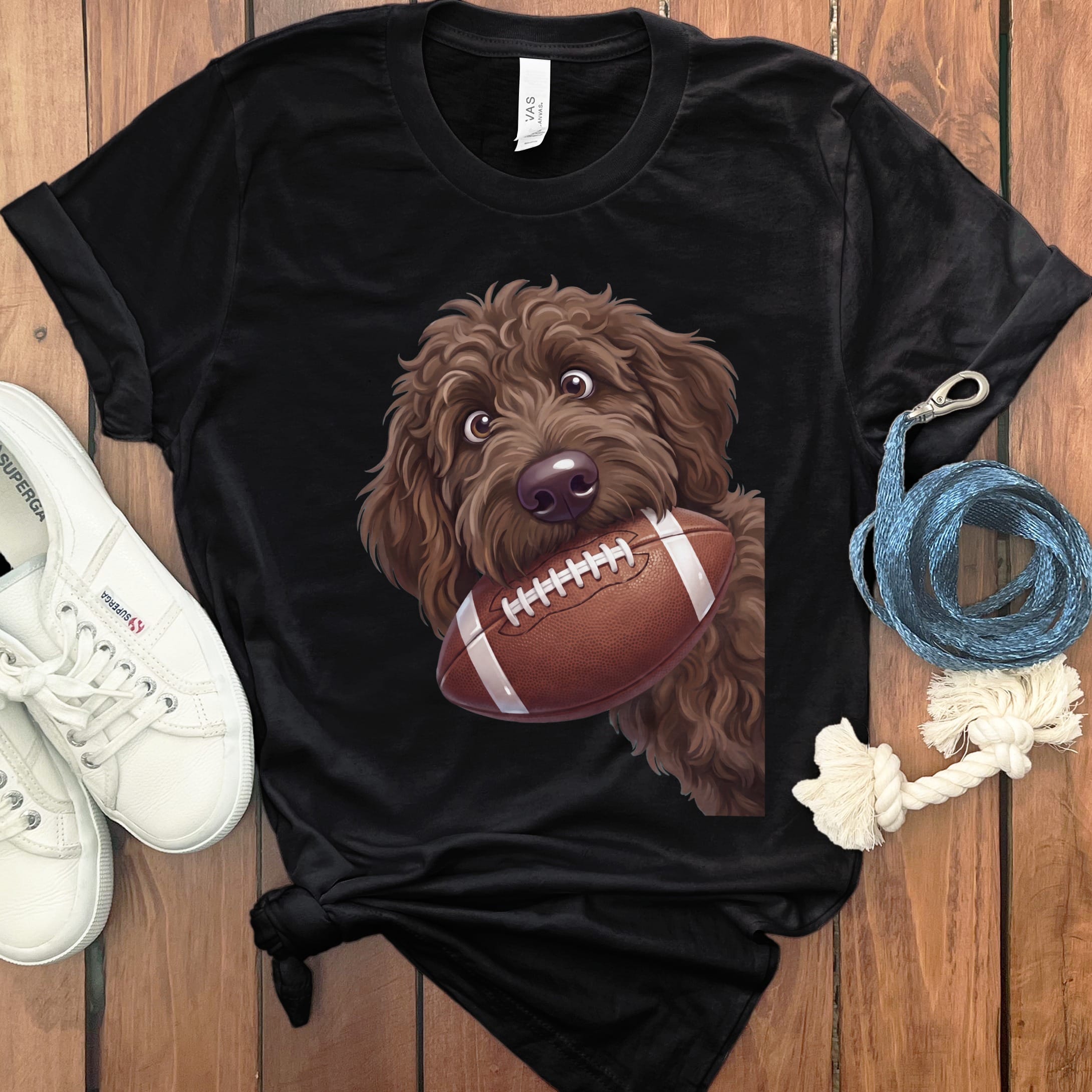 Chocolate Goldendoodle Football T-Shirt in S / Black by Puppy Jo