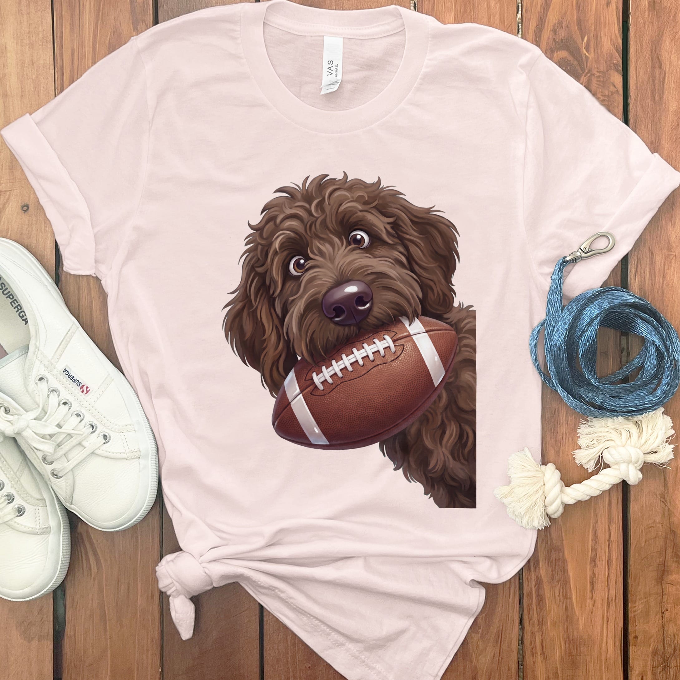 Chocolate Goldendoodle Football T-Shirt in S / Soft Pink by Puppy Jo