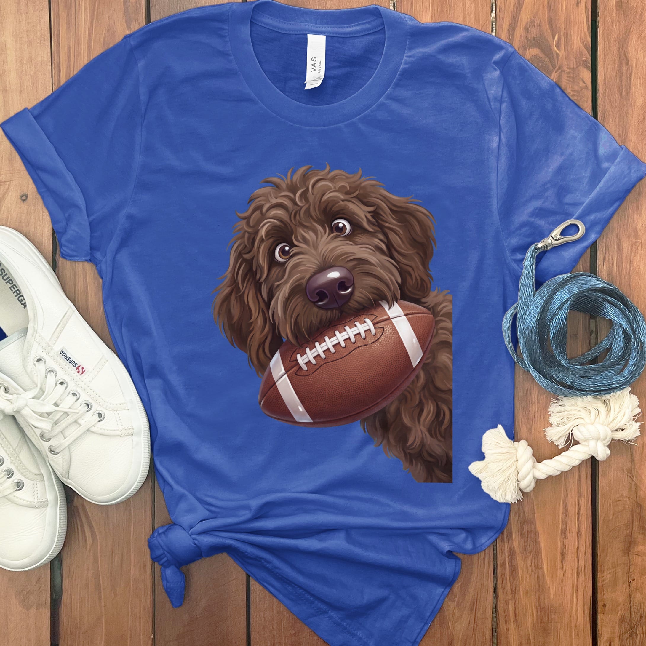 Chocolate Goldendoodle Football T-Shirt in S / True Royal by Puppy Jo