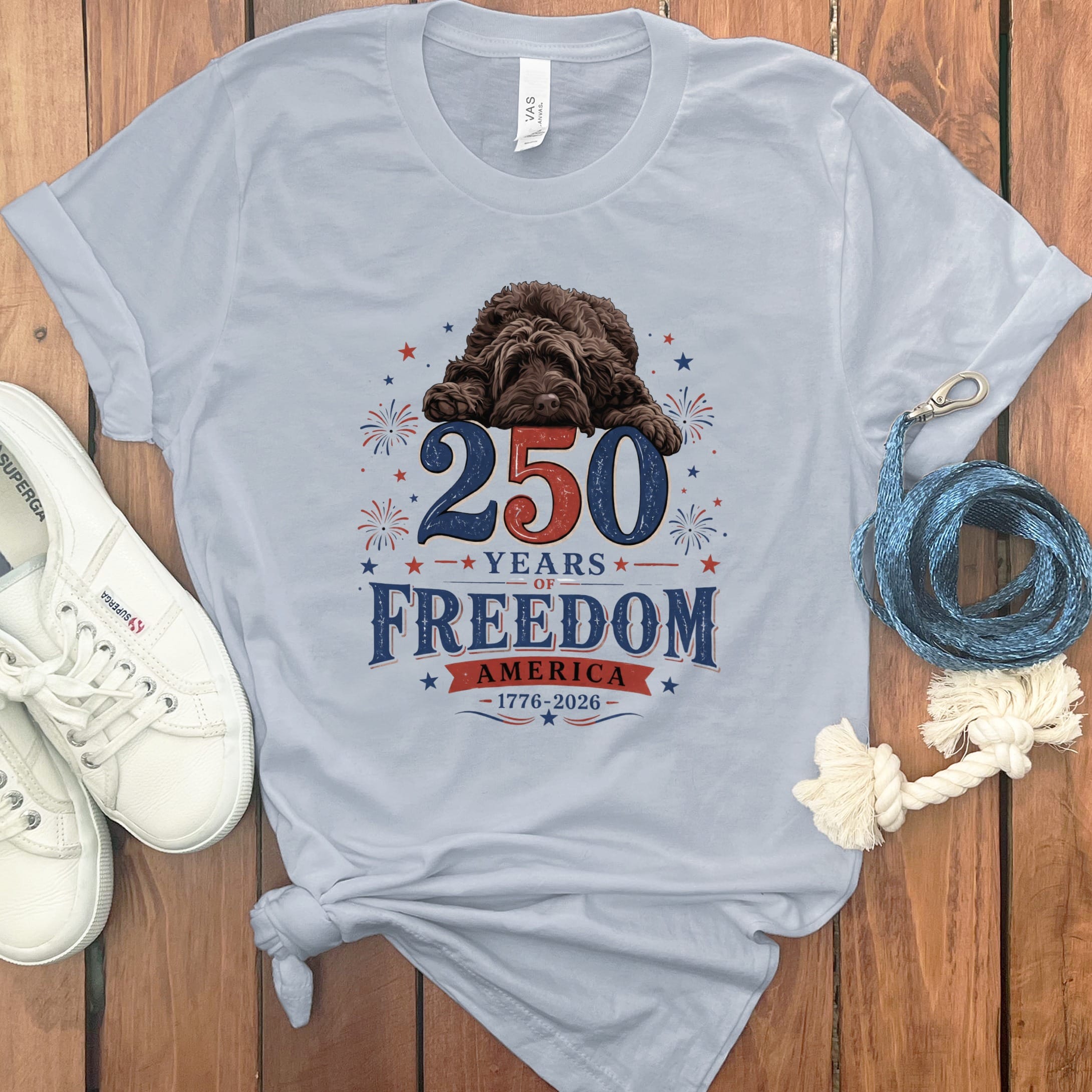 Chocolate Goldendoodle Freedom T-Shirt in Light Blue / S by Puppy Jo