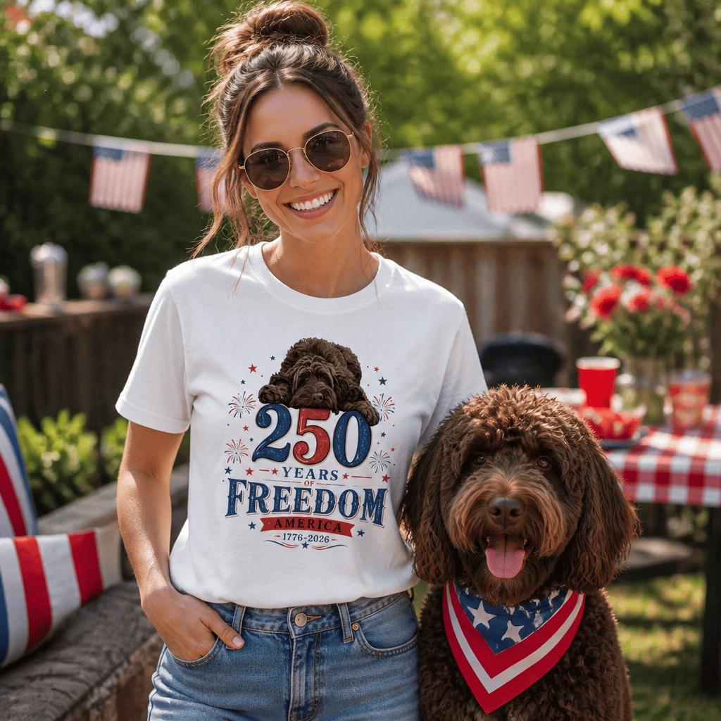 Chocolate Goldendoodle Freedom T-Shirt in by Puppy Jo