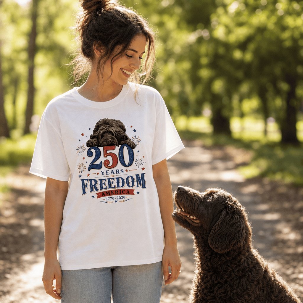 Chocolate Goldendoodle Freedom T-Shirt in by Puppy Jo