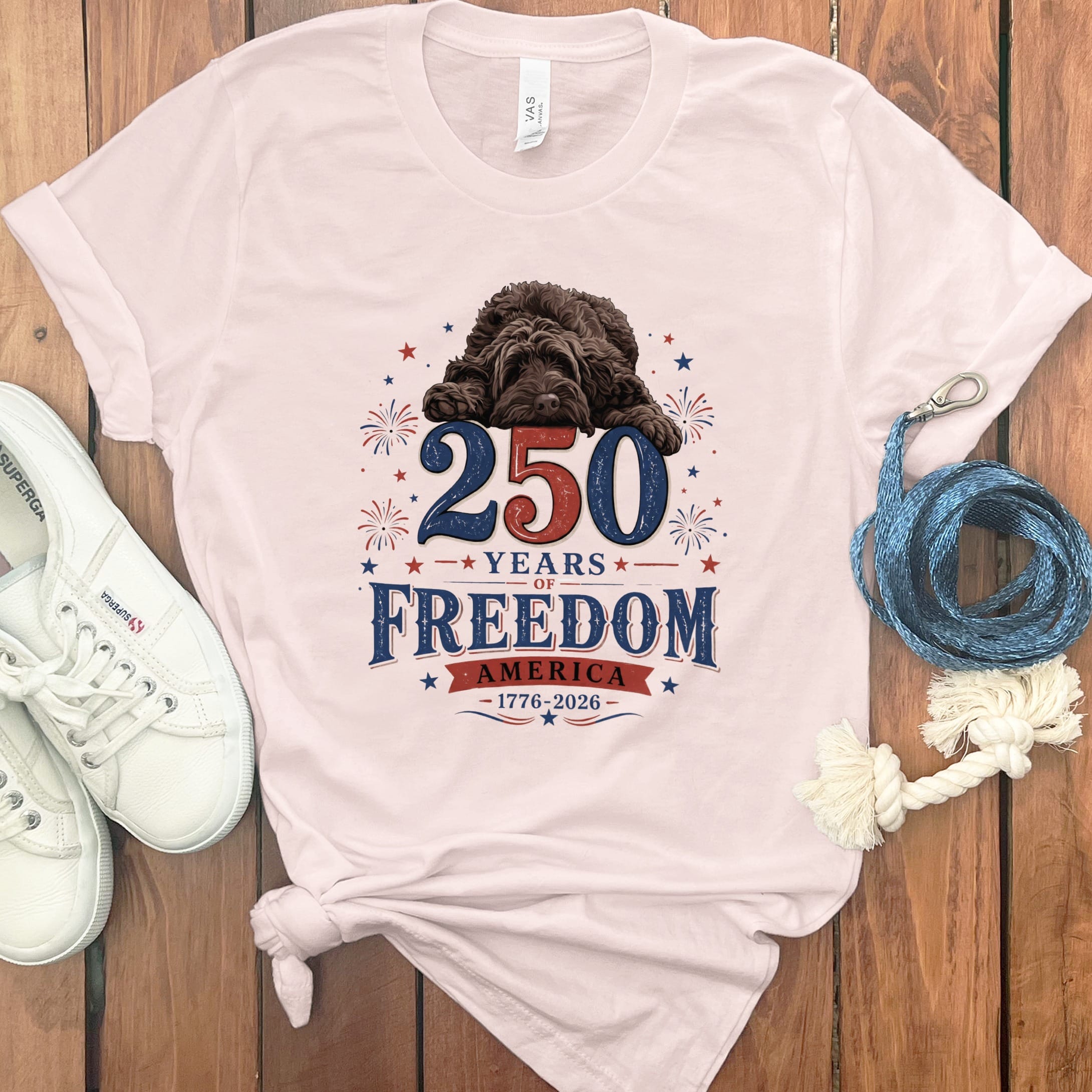 Chocolate Goldendoodle Freedom T-Shirt in Soft Pink / S by Puppy Jo