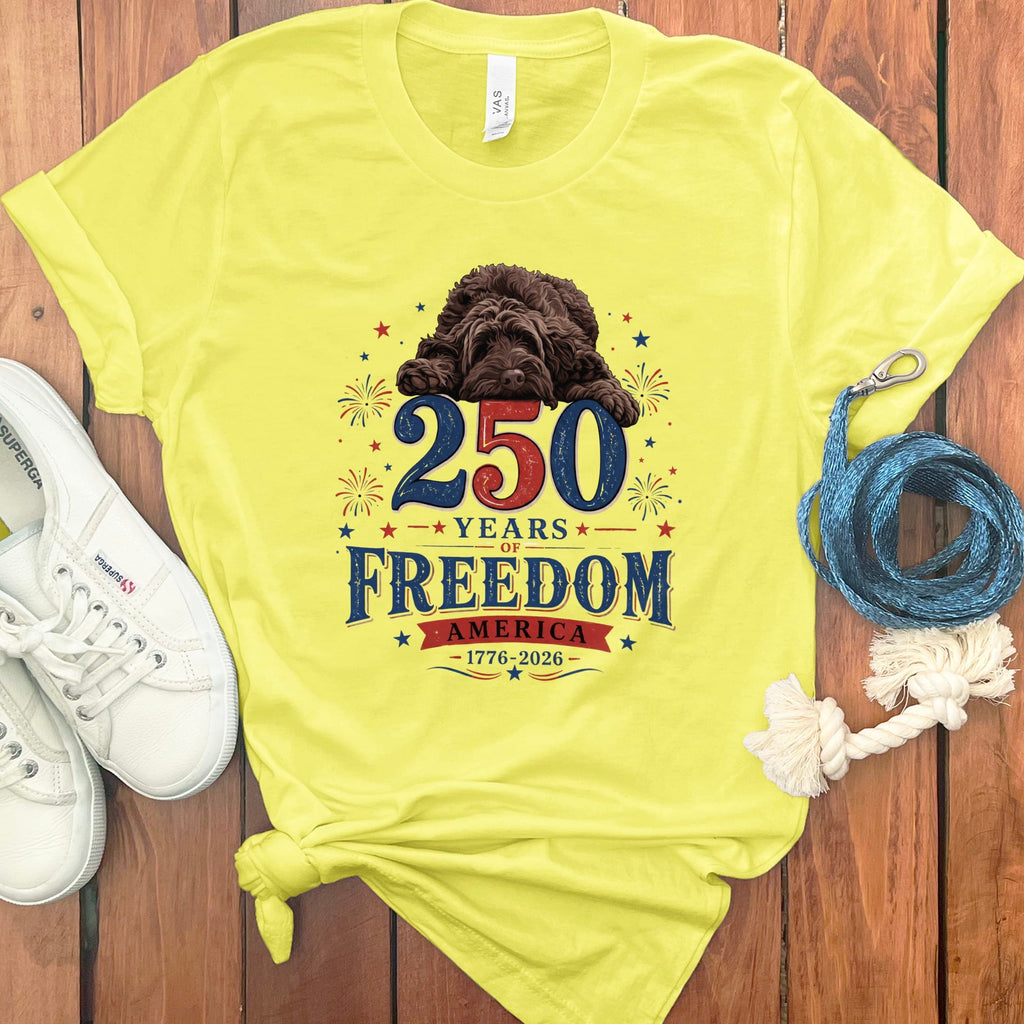 Chocolate Goldendoodle Freedom T-Shirt in Yellow / S by Puppy Jo