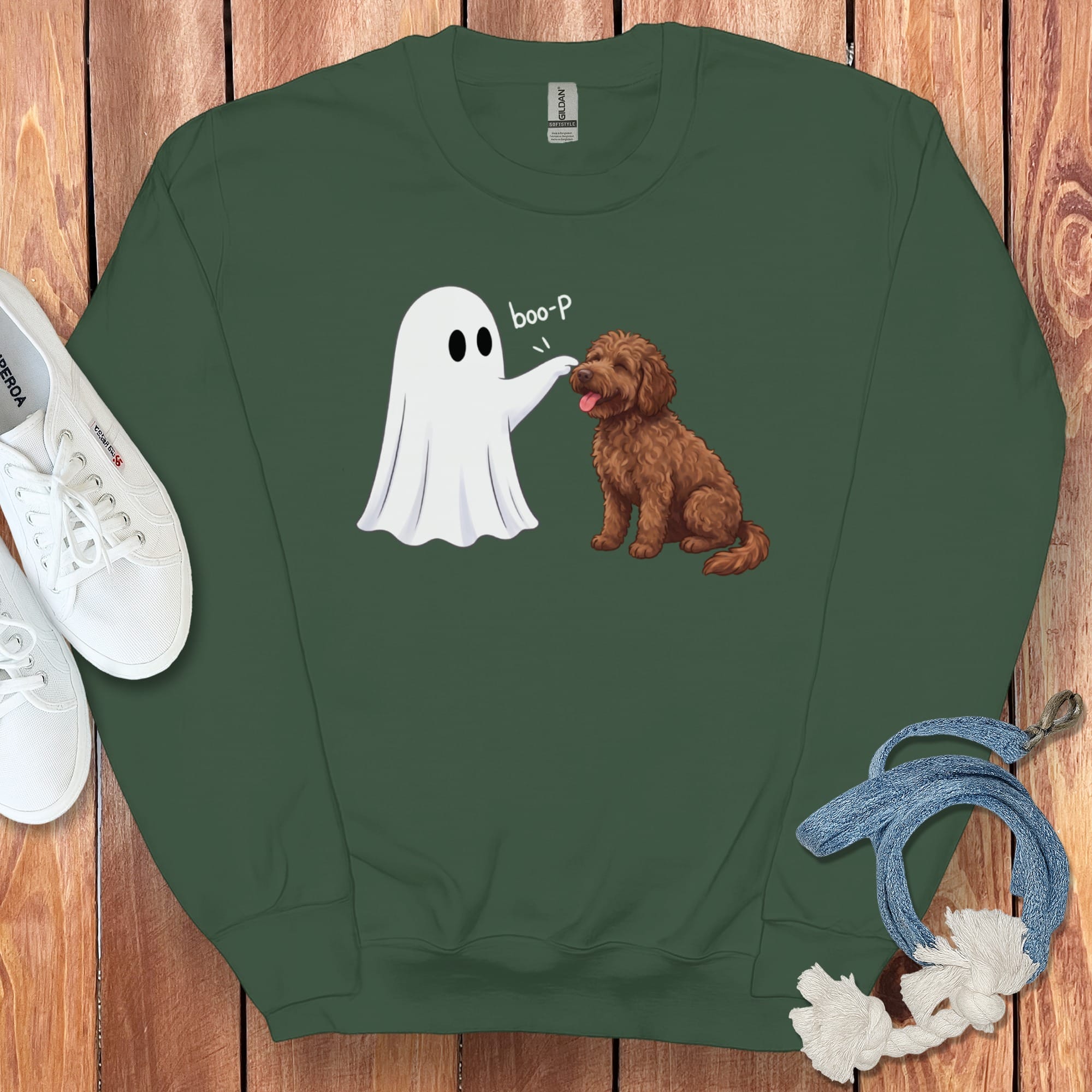 Chocolate Goldendoodle Ghost Boop Sweatshirt in Forest Green / S by Puppy Jo