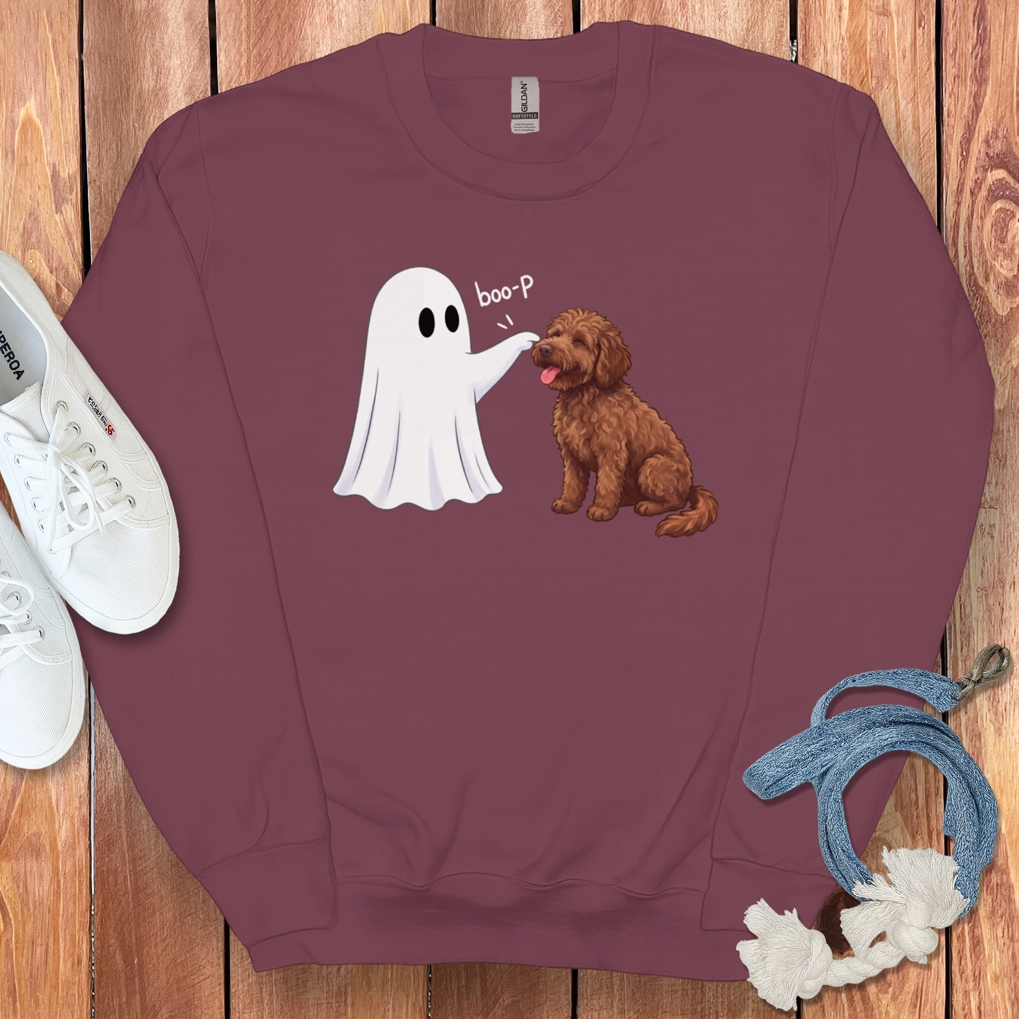 Chocolate Goldendoodle Ghost Boop Sweatshirt in Maroon / S by Puppy Jo