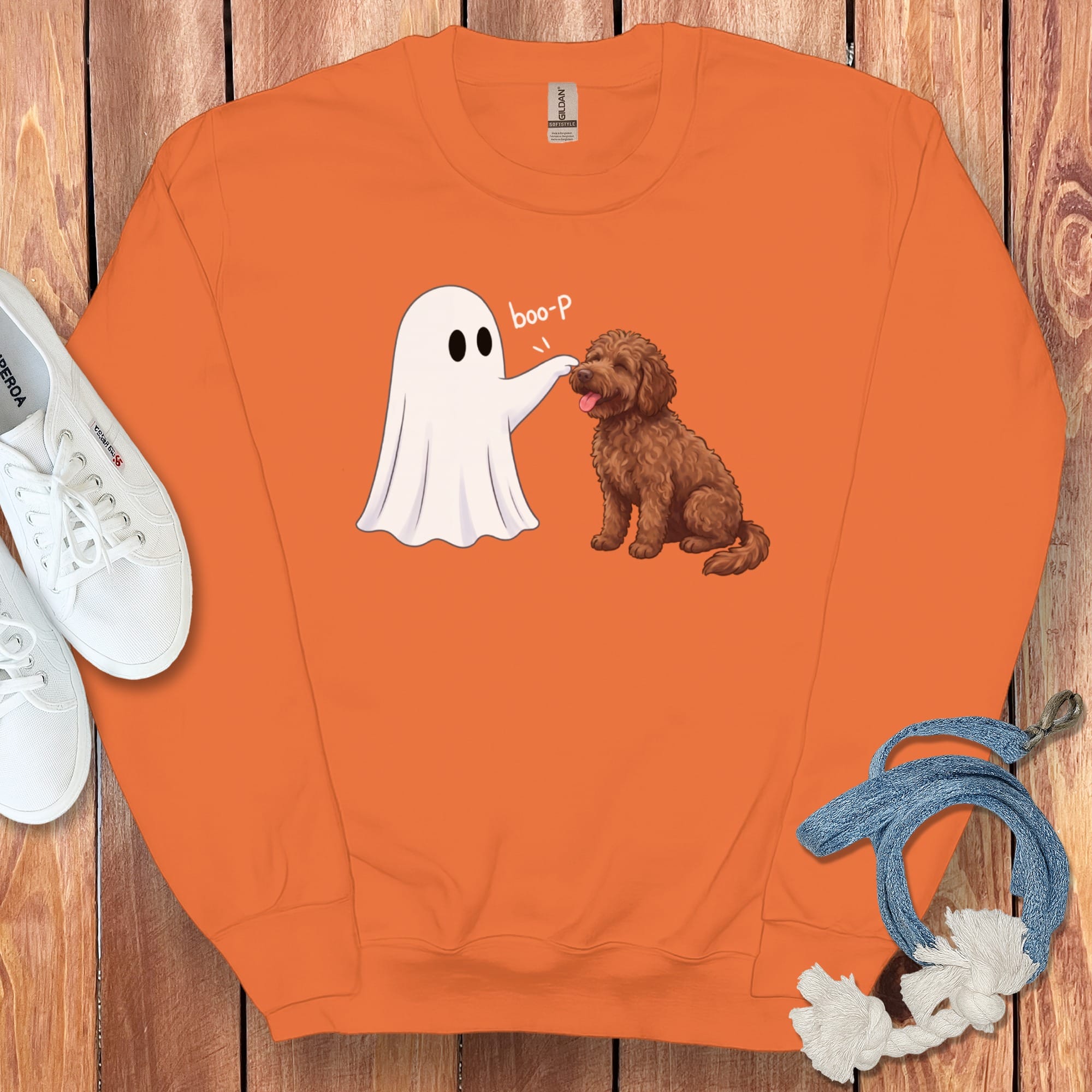 Chocolate Goldendoodle Ghost Boop Sweatshirt in Orange / M by Puppy Jo