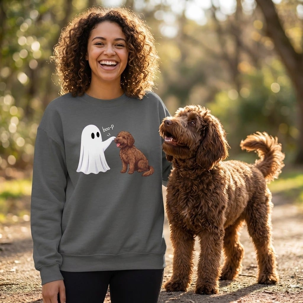 Chocolate Goldendoodle Ghost Boop Sweatshirt in by Puppy Jo