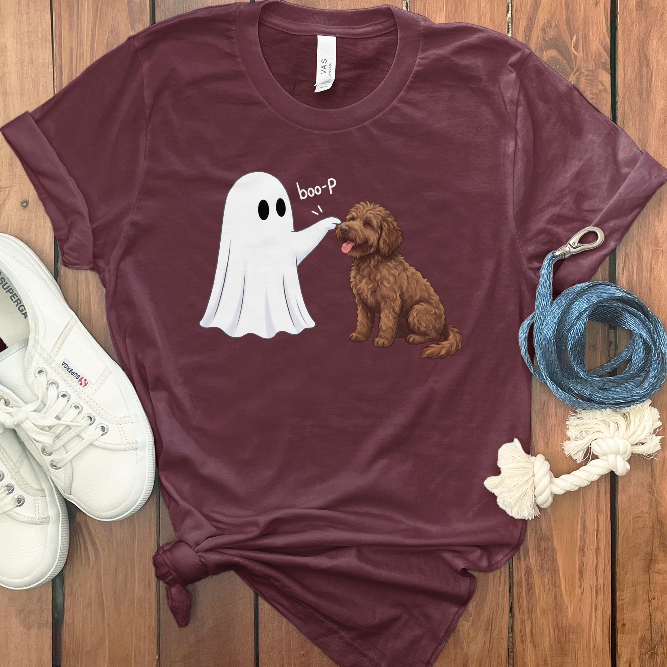 Chocolate Goldendoodle Ghost Boop T-Shirt in Maroon / S by Puppy Jo