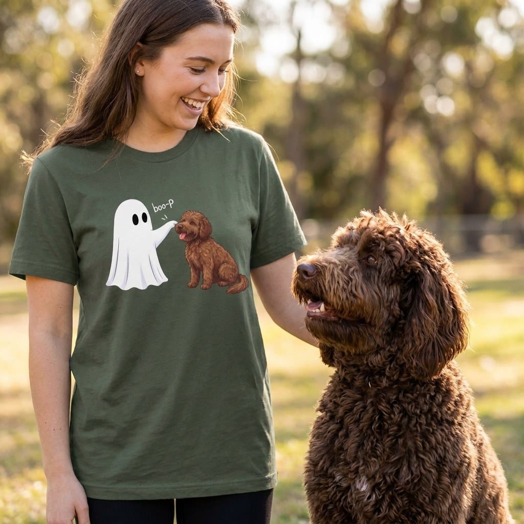 Chocolate Goldendoodle Ghost Boop T-Shirt in by Puppy Jo