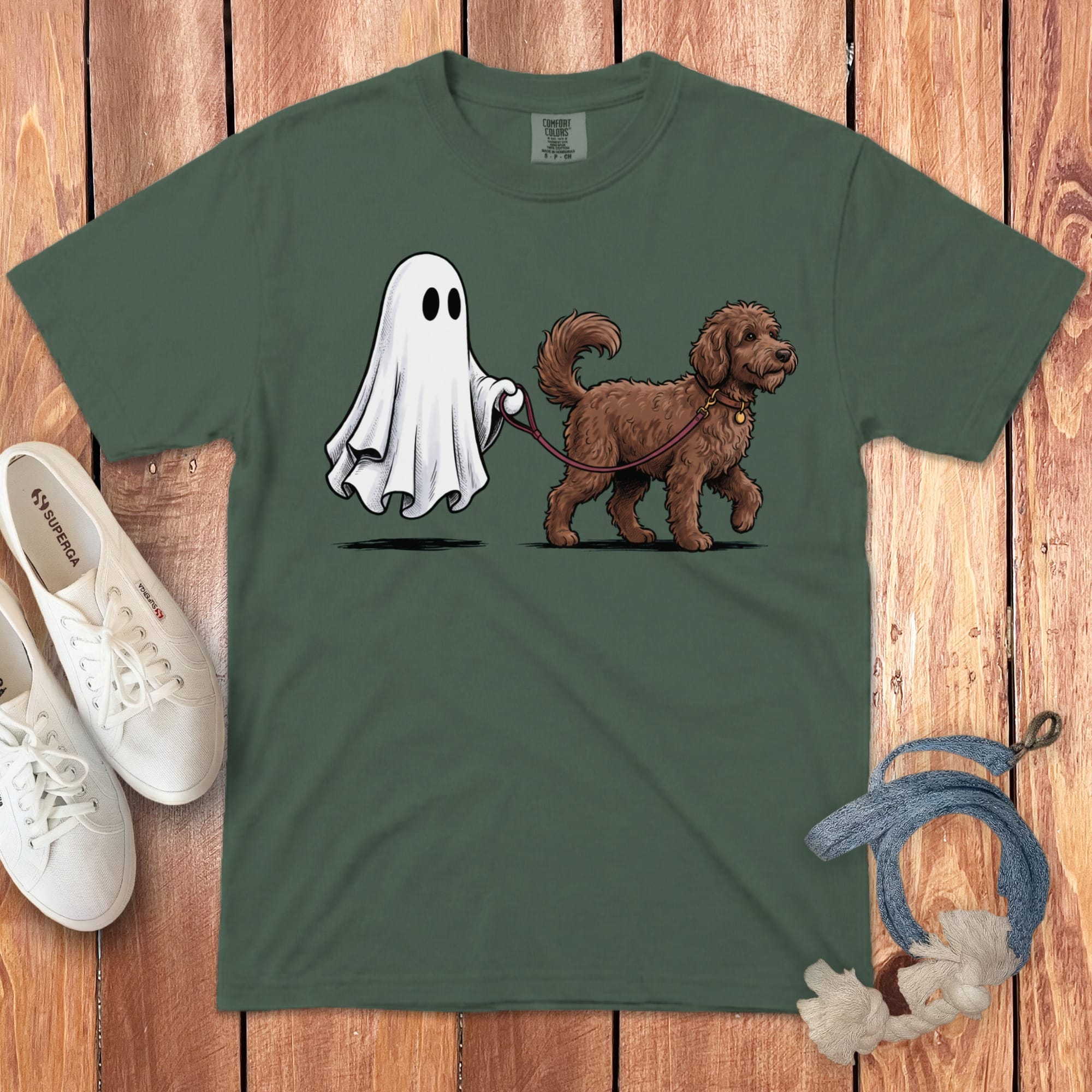 Chocolate Goldendoodle Ghost Walk Signature T-Shirt in Blue Spruce / S by Puppy Jo