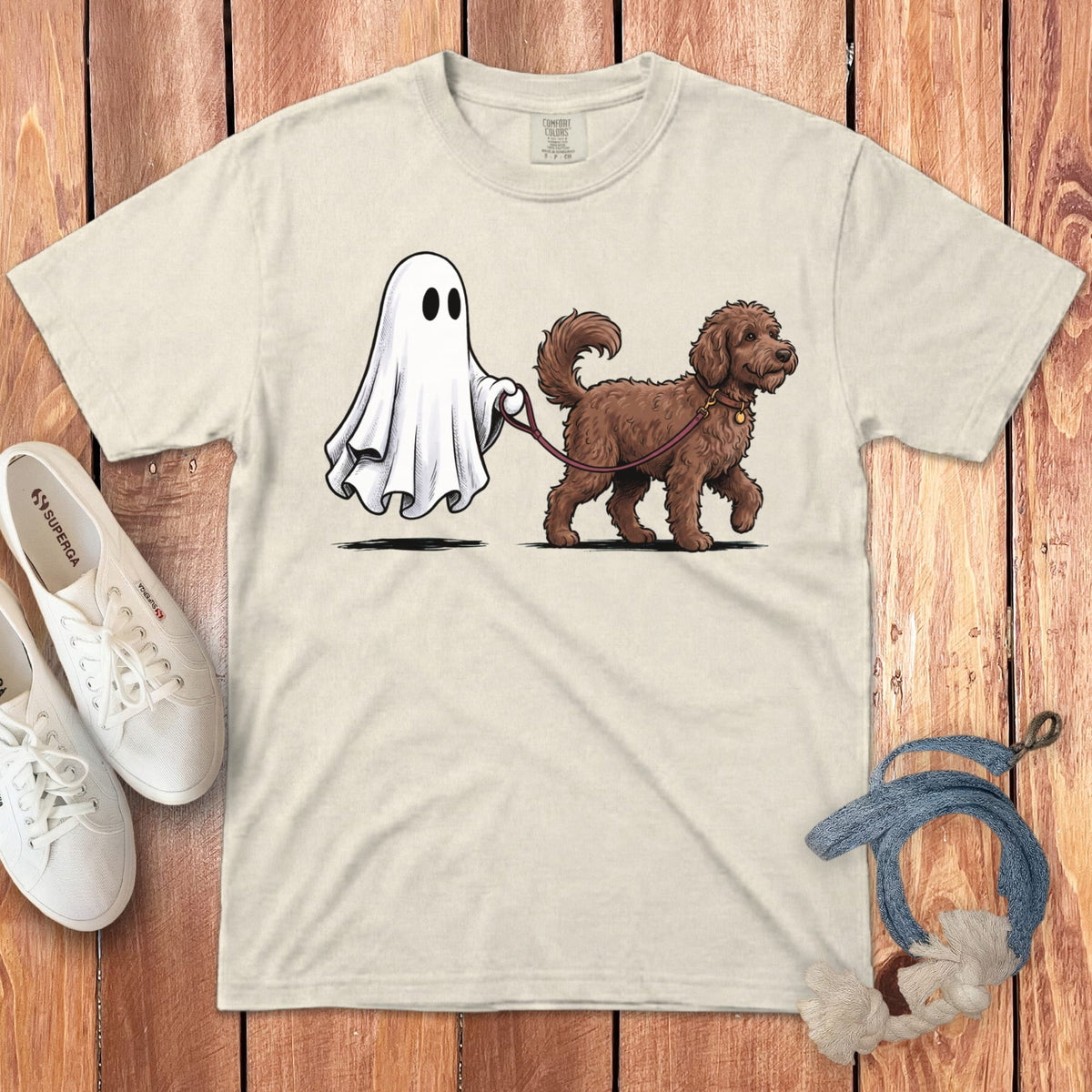 Chocolate Goldendoodle Ghost Walk Signature T-Shirt in Ivory / S by Puppy Jo