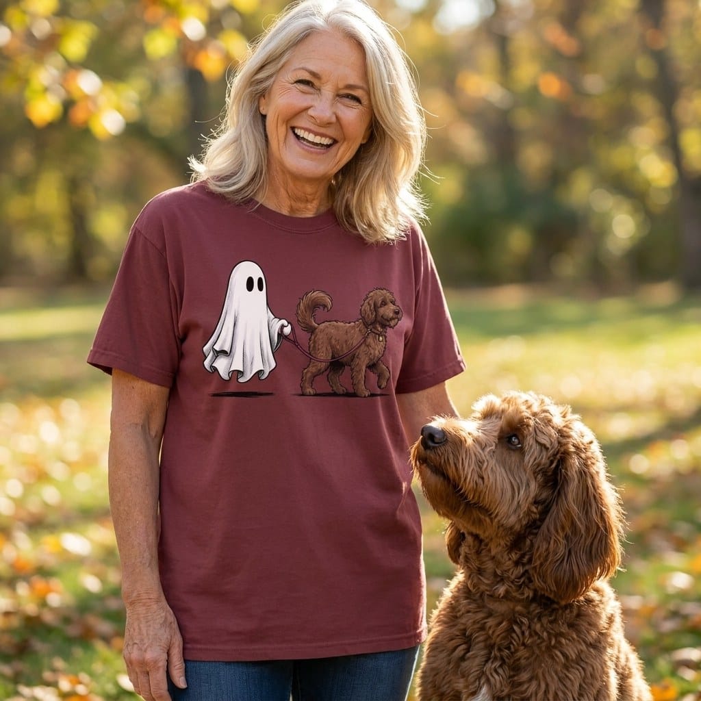 Chocolate Goldendoodle Ghost Walk Signature T-Shirt in by Puppy Jo