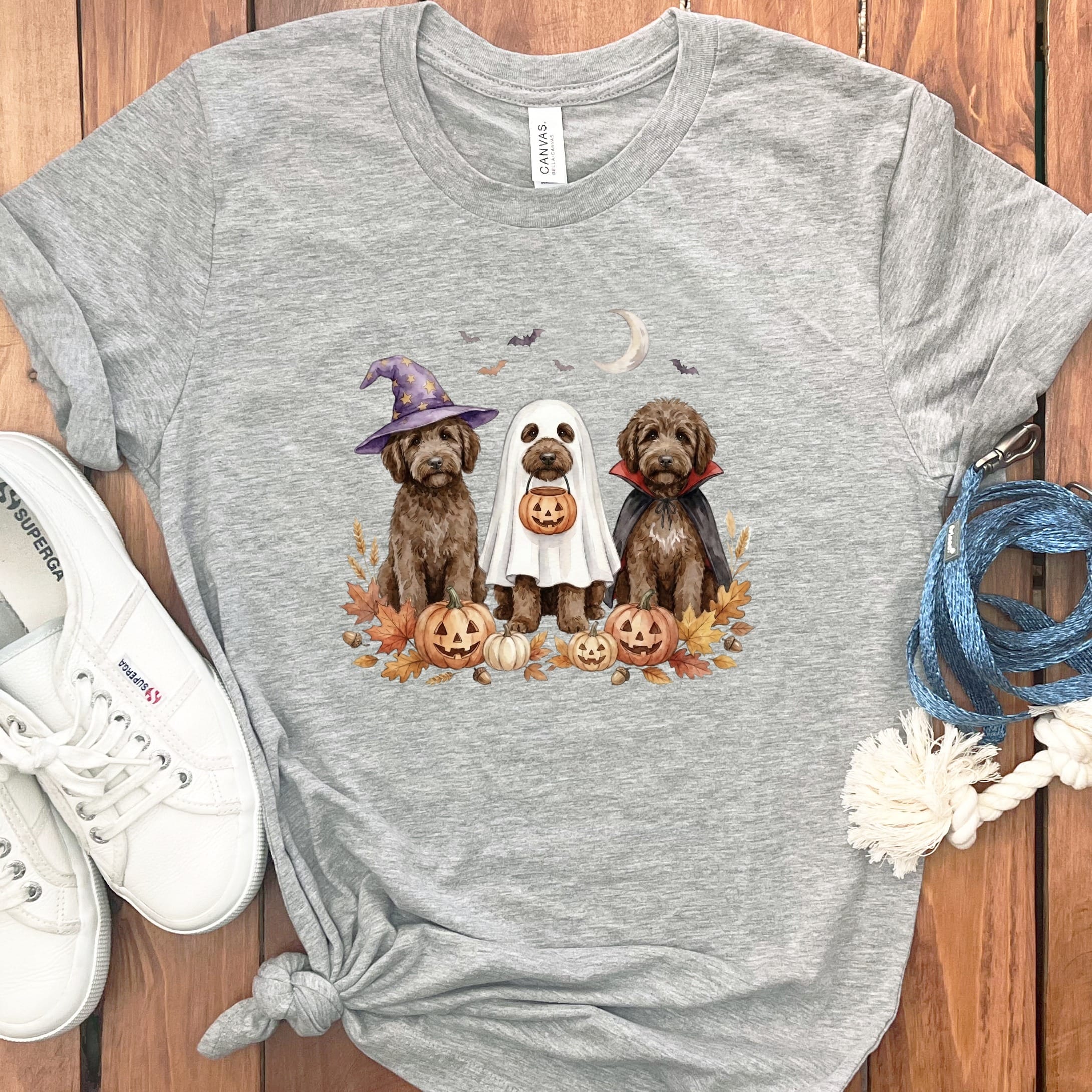 Chocolate Goldendoodle Halloween Crew T-Shirt in Athletic Heather / S by Puppy Jo