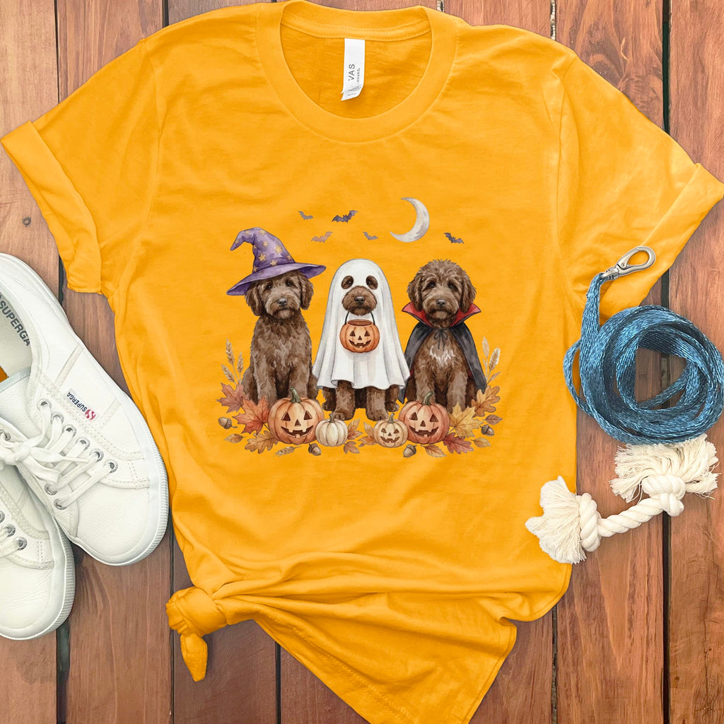 Chocolate Goldendoodle Halloween Crew T-Shirt in Gold / S by Puppy Jo