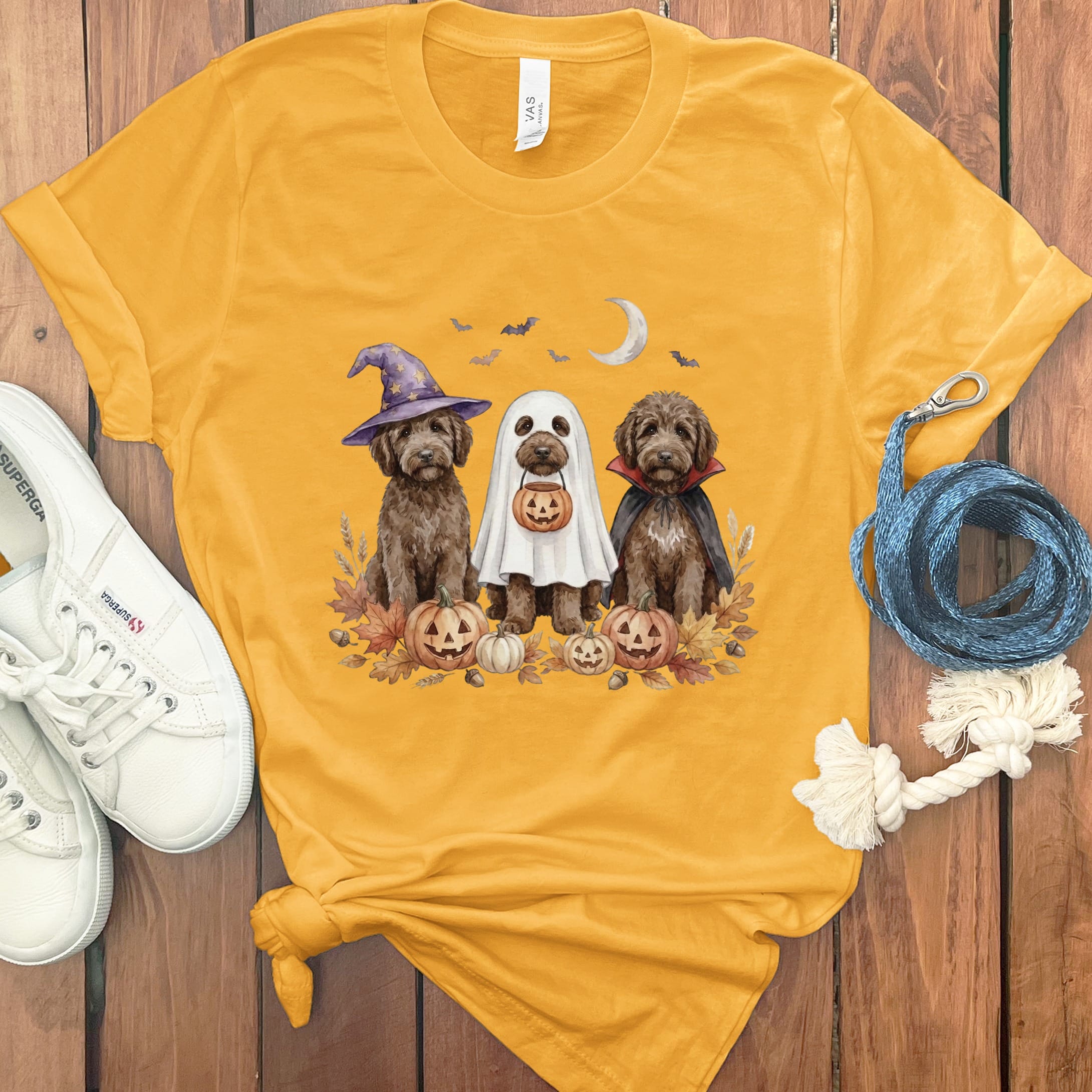 Chocolate Goldendoodle Halloween Crew T-Shirt in Gold / S by Puppy Jo