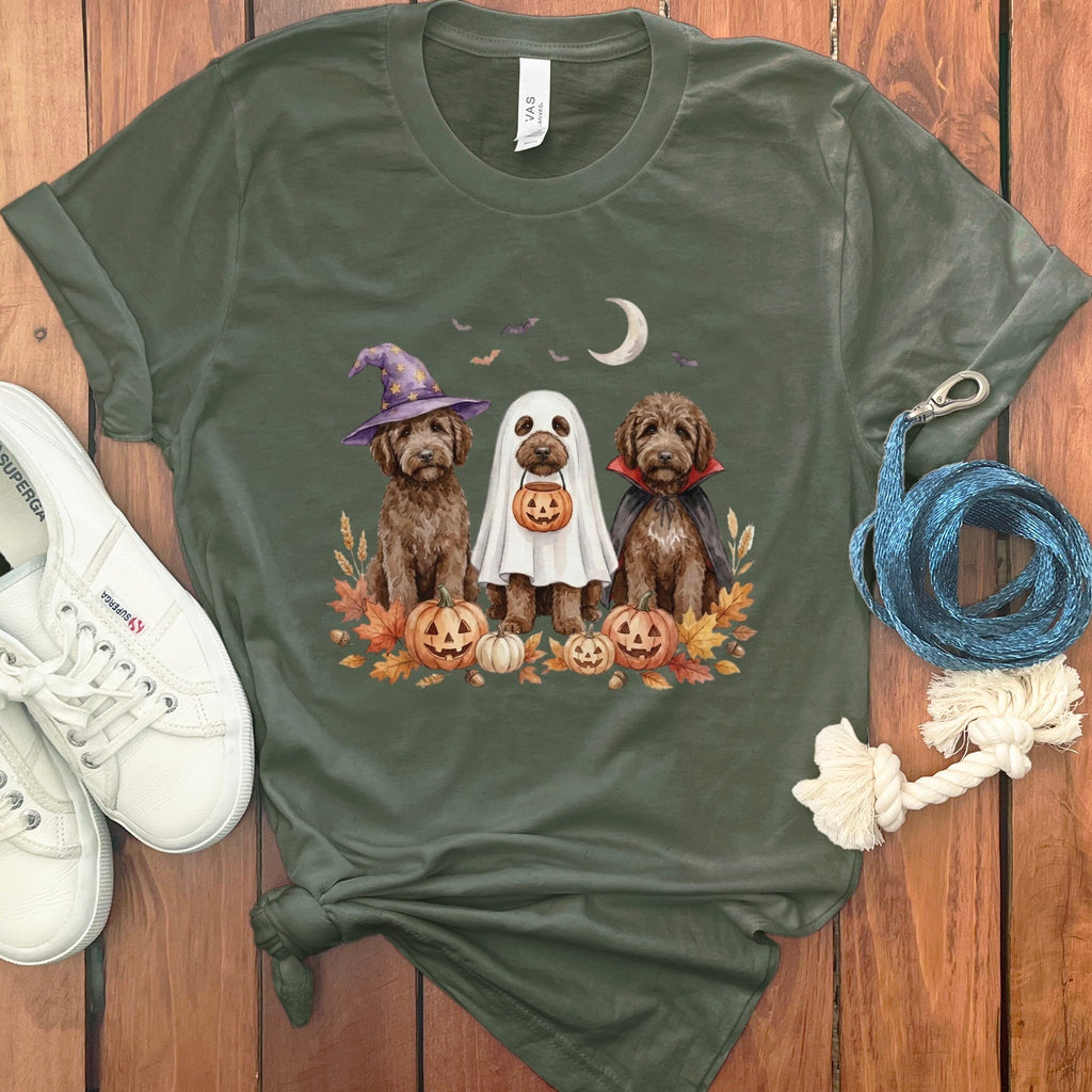 Chocolate Goldendoodle Halloween Crew T-Shirt in Military Green / S by Puppy Jo