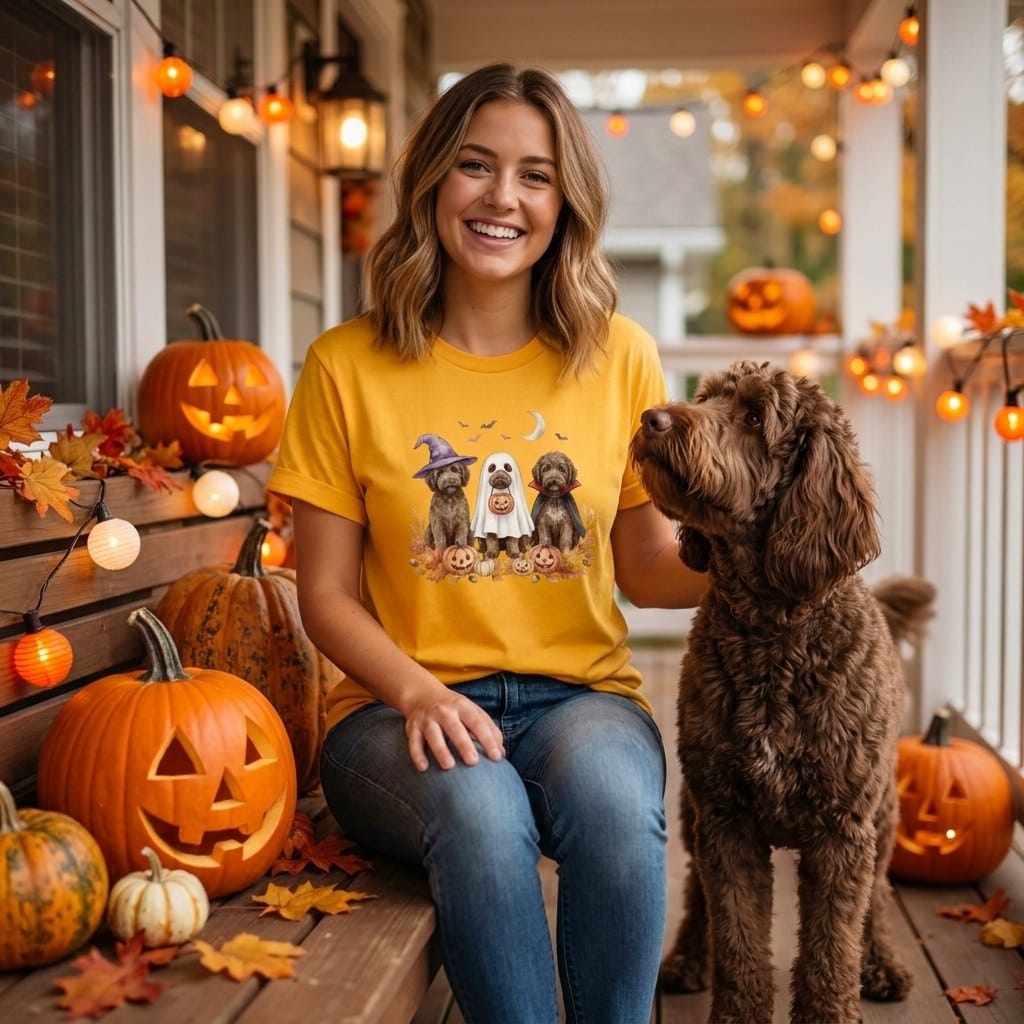 Chocolate Goldendoodle Halloween Crew T-Shirt in by Puppy Jo