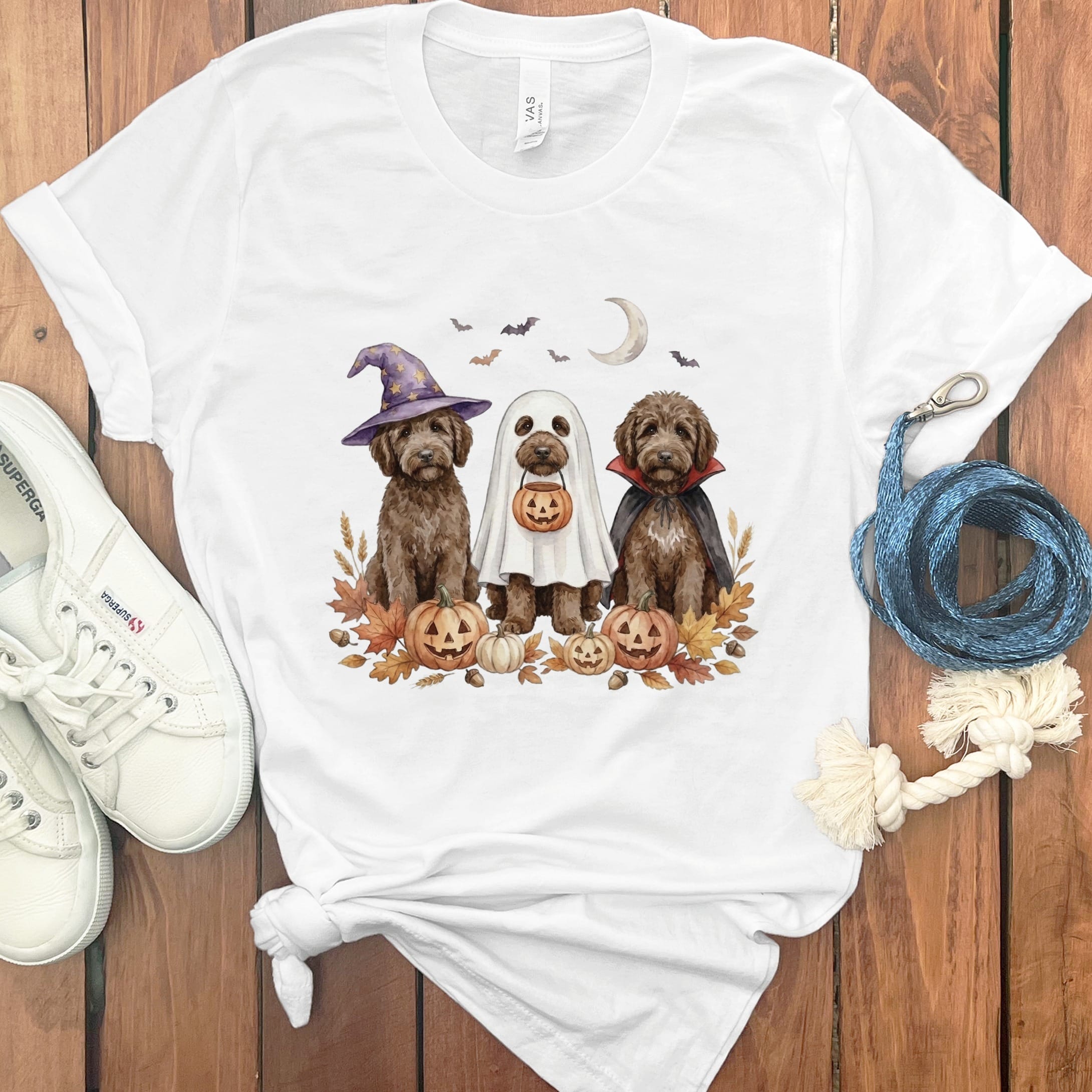Chocolate Goldendoodle Halloween Crew T-Shirt in White / S by Puppy Jo