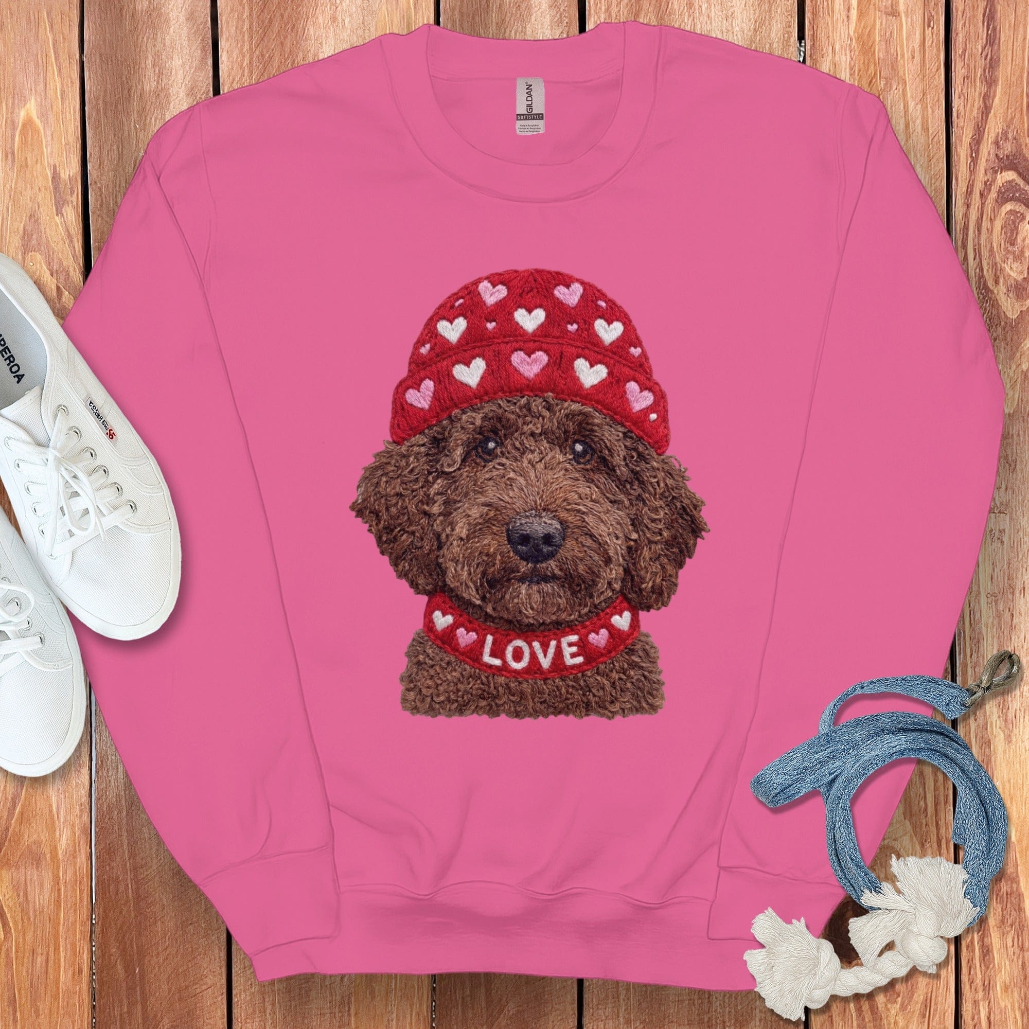 Chocolate Goldendoodle Heart Cap Sweatshirt in Heliconia / S by Puppy Jo