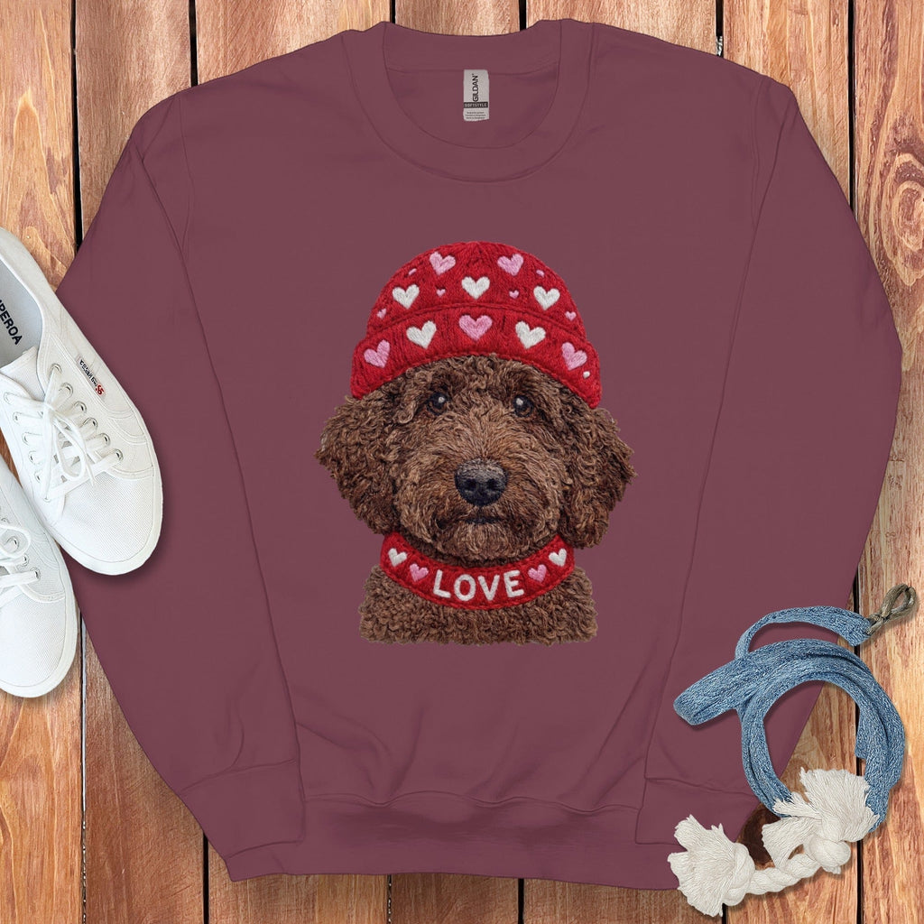 Chocolate Goldendoodle Heart Cap Sweatshirt in Maroon / S by Puppy Jo