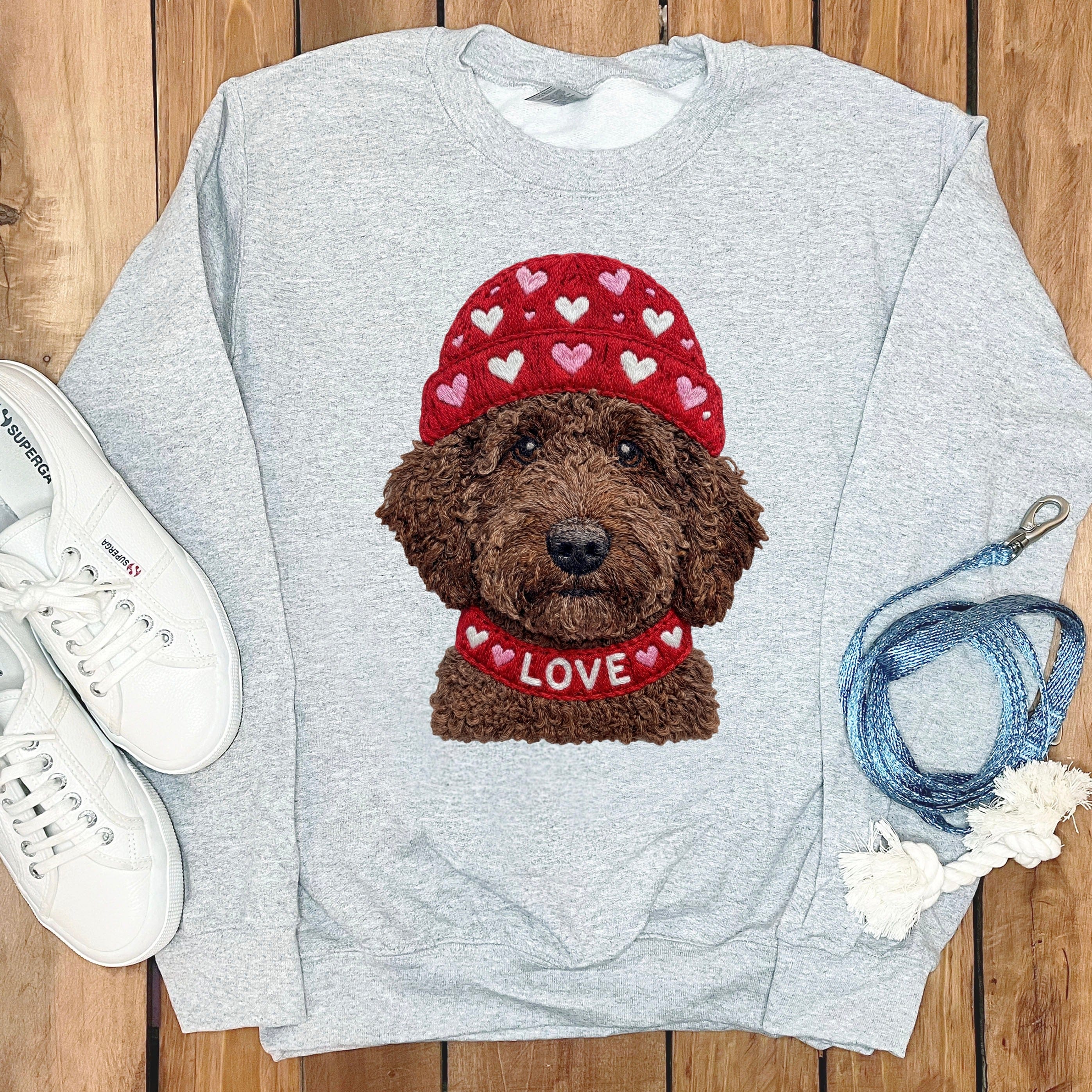 Chocolate Goldendoodle Heart Cap Sweatshirt in Sport Grey / S by Puppy Jo