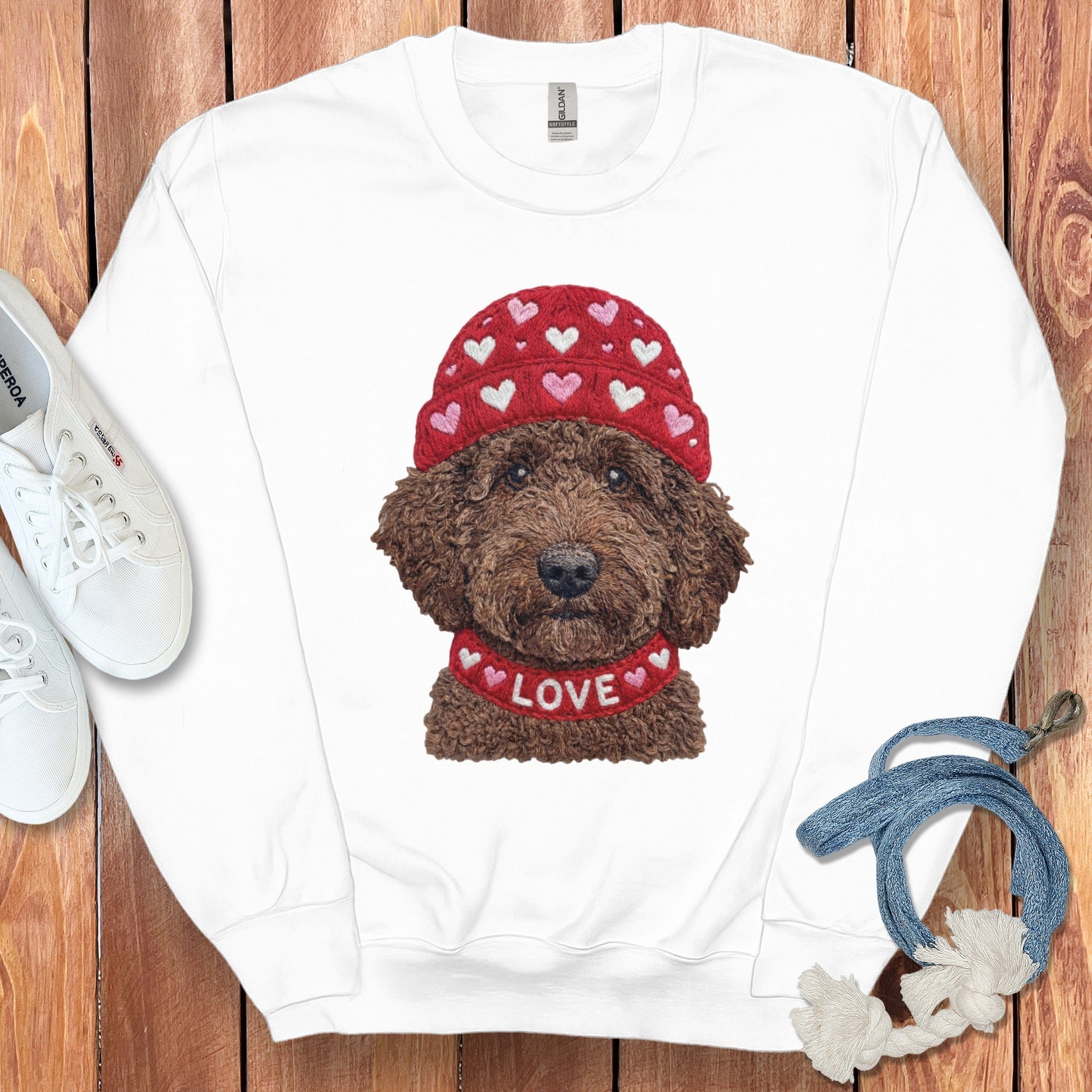 Chocolate Goldendoodle Heart Cap Sweatshirt in White / S by Puppy Jo