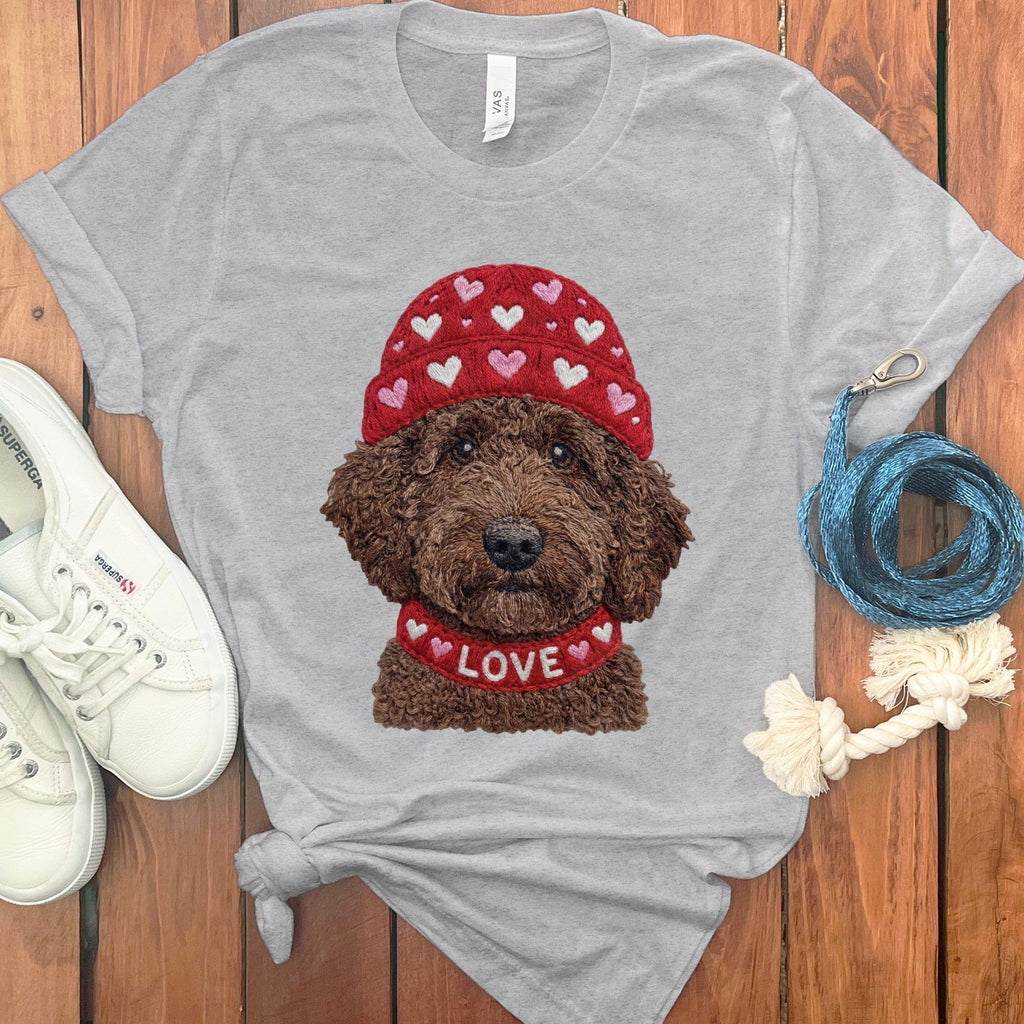 Chocolate Goldendoodle Heart Cap T-Shirt in Athletic Heather / S by Puppy Jo